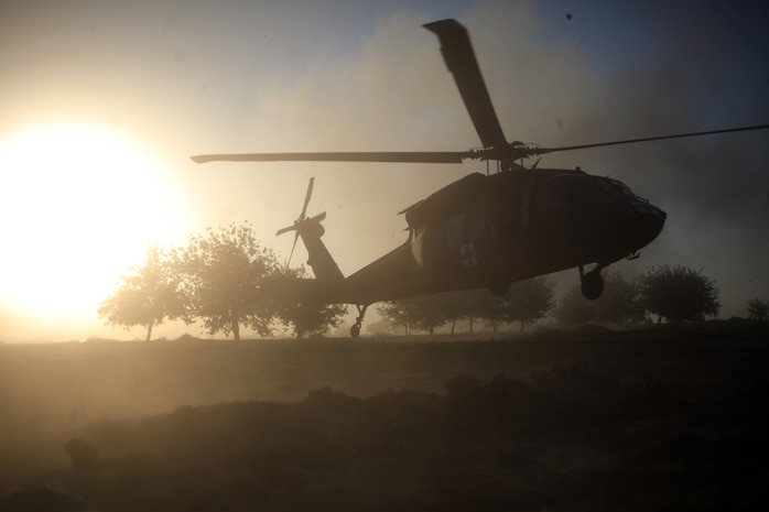 A U.S. Army UH-60 Blackhawk Helicopter lands for a medical evacuation July 2 involving 1st Marine Regiment. Medical evacuations are done quickly to prevent the enemy from firing on the aircraft as it lands. 1st Marine Regiment is deployed to the Helmand Province in support of International Security Assistance Force.