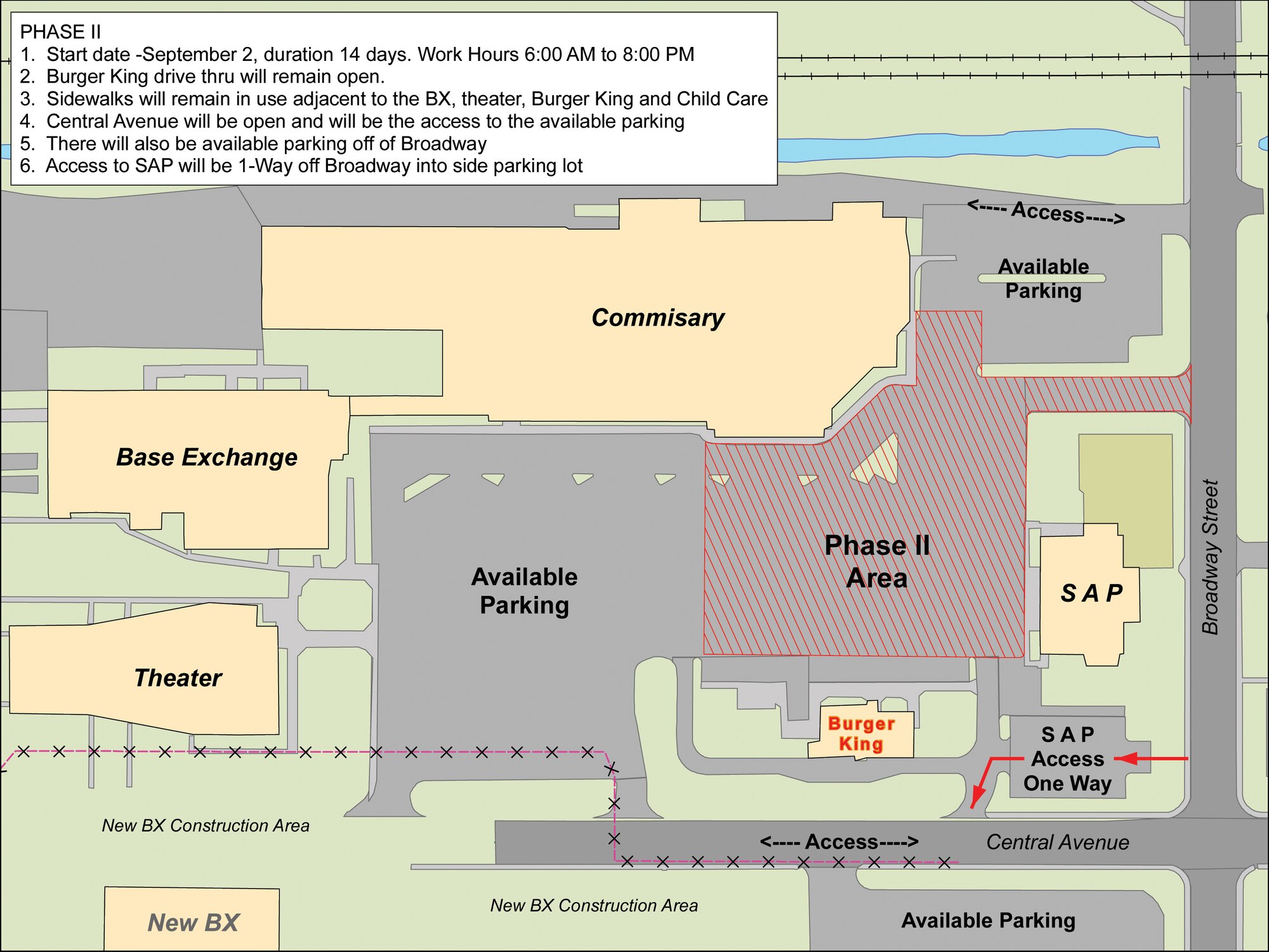 The commissary/BX parking lot will be closed for repairs in it's second phase beginning Sept. 2, and will remain closed for 2 weeks. Pictured above are open entry and exit routes of the area to be worked on. For more information, contact Tech. Sgt. David Kolnes at 377-3016.