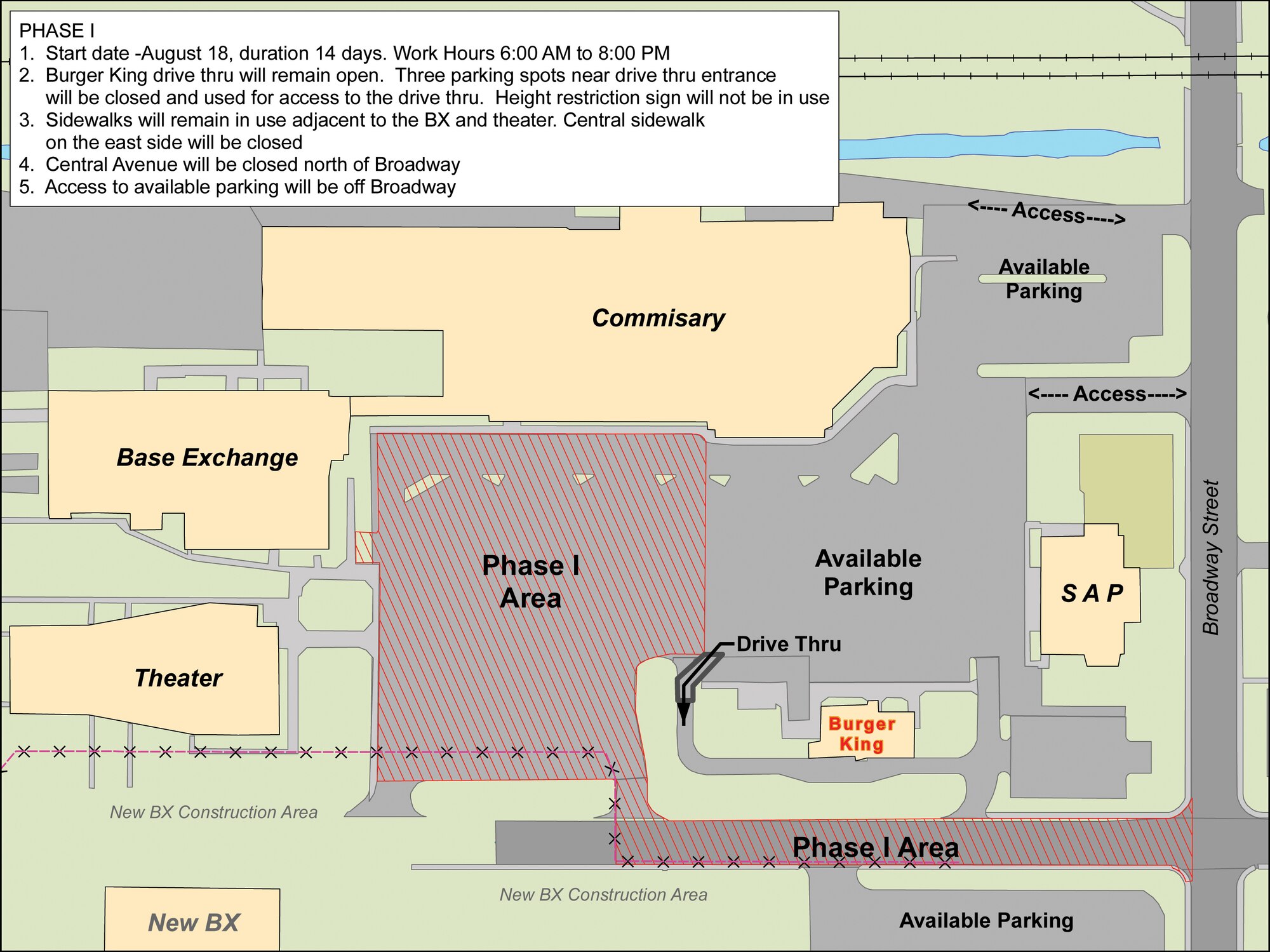 The commissary/BX parking lot will be closed in two phases beginning Aug. 18, both phases will last approximately two weeks each. The project's phases will maintain half of the parking lot for use during each phase, the second phase beginning Sept. 2. Pictured above are open entry and exit routes of the area to be worked on. For more information, contact Tech. Sgt. David Kolnes at 377-3016.