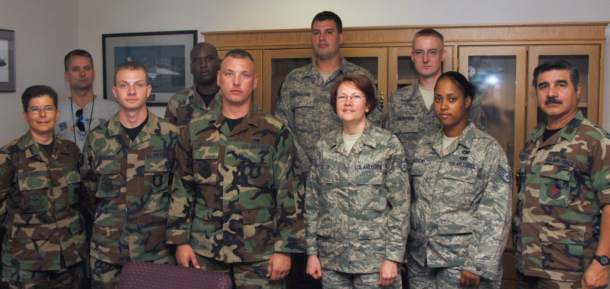 Airmen who joined the 931st Air Refueling Group during the August Unit Training Assembly attended an orientation on Aug. 9.  The Group welcomed, from left to right: (front row) Master Sgt. Cynthia Schlitz, Staff Sgt. Brandon Blodgett, Staff Sgt. Joel Janssen, Staff Sgt. Regina Rector, Staff Sgt. Cecelia Matthews, Maj. Celso Salinas, (back row) Senior Airman Kevin Becton, Capt. Kelvin Tuckett, Staff Sgt. Douglas Winterhalter, and Staff Sgt. Alan Pederson Jr.