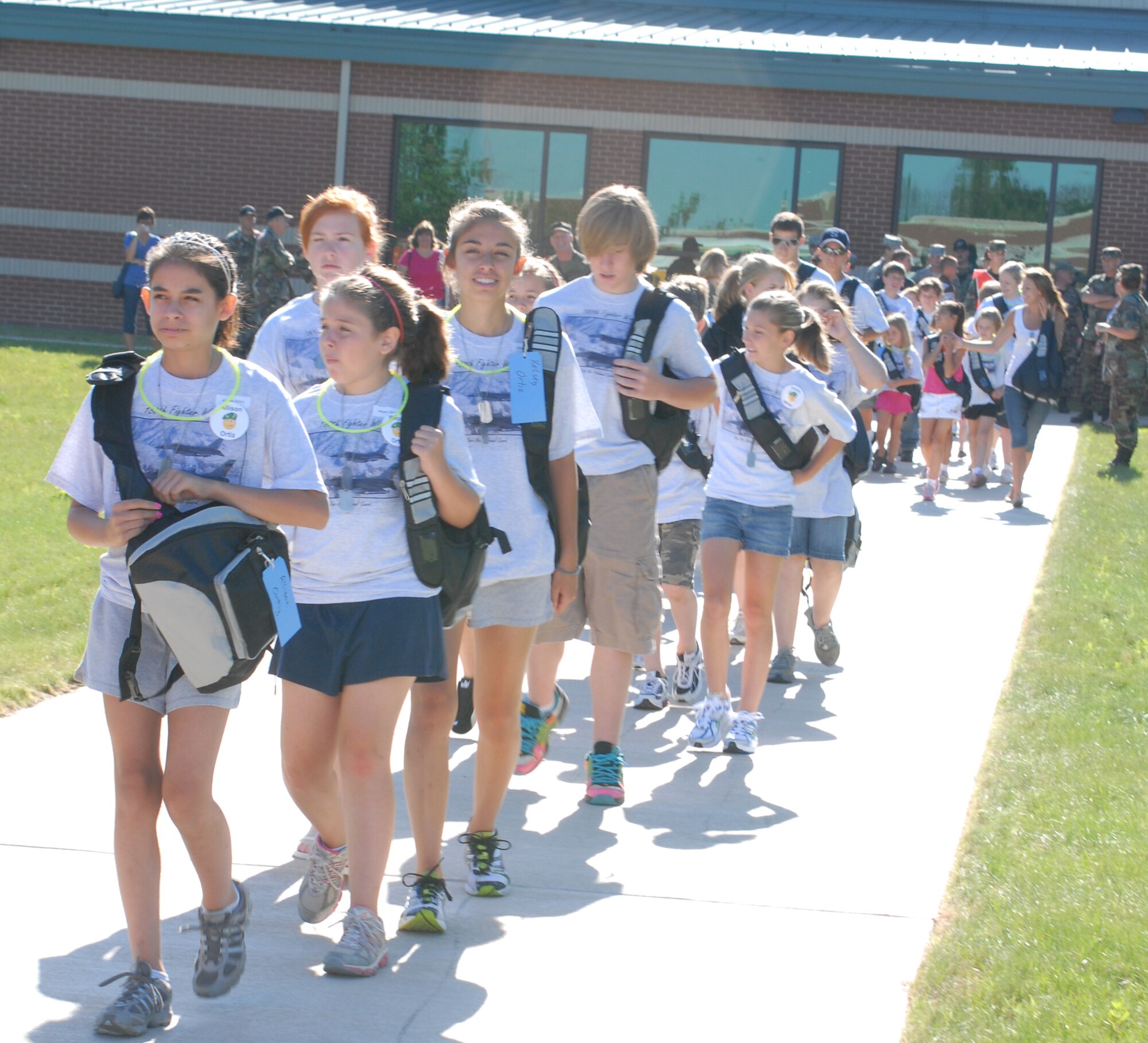 Children of the members at the 180th Fighter Wing Air National Guard participate in
a mock deployment on July 13, 2008 at 180th Air National Guard in Swanton, Ohio.