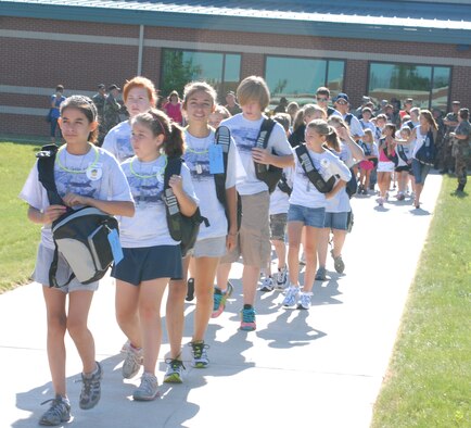 Children of the members at the 180th Fighter Wing Air National Guard participate in
a mock deployment on July 13, 2008 at 180th Air National Guard in Swanton, Ohio.