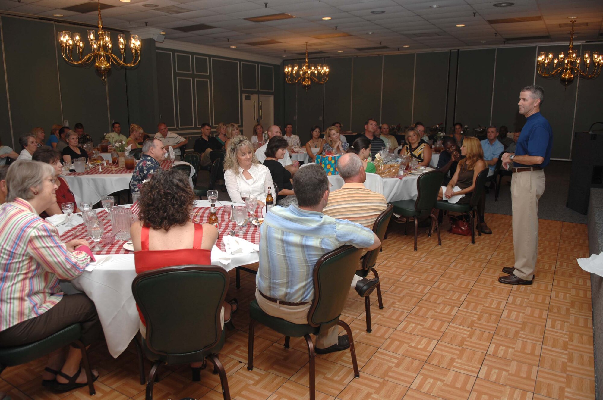 SHAW AIR FORCE BASE, S.C. -- Col. Michael T. Byrne, former 20th Fighter Wing vice commander, delivers a farewell speech to members of the Shaw and Sumter community at his farewell dinner, Aug. 8. Col. Byrne is making a permanent change of station to Ramstein AFB, Germany. (U.S. Air Force photo/Staff Sgt. Nathan Bevier)