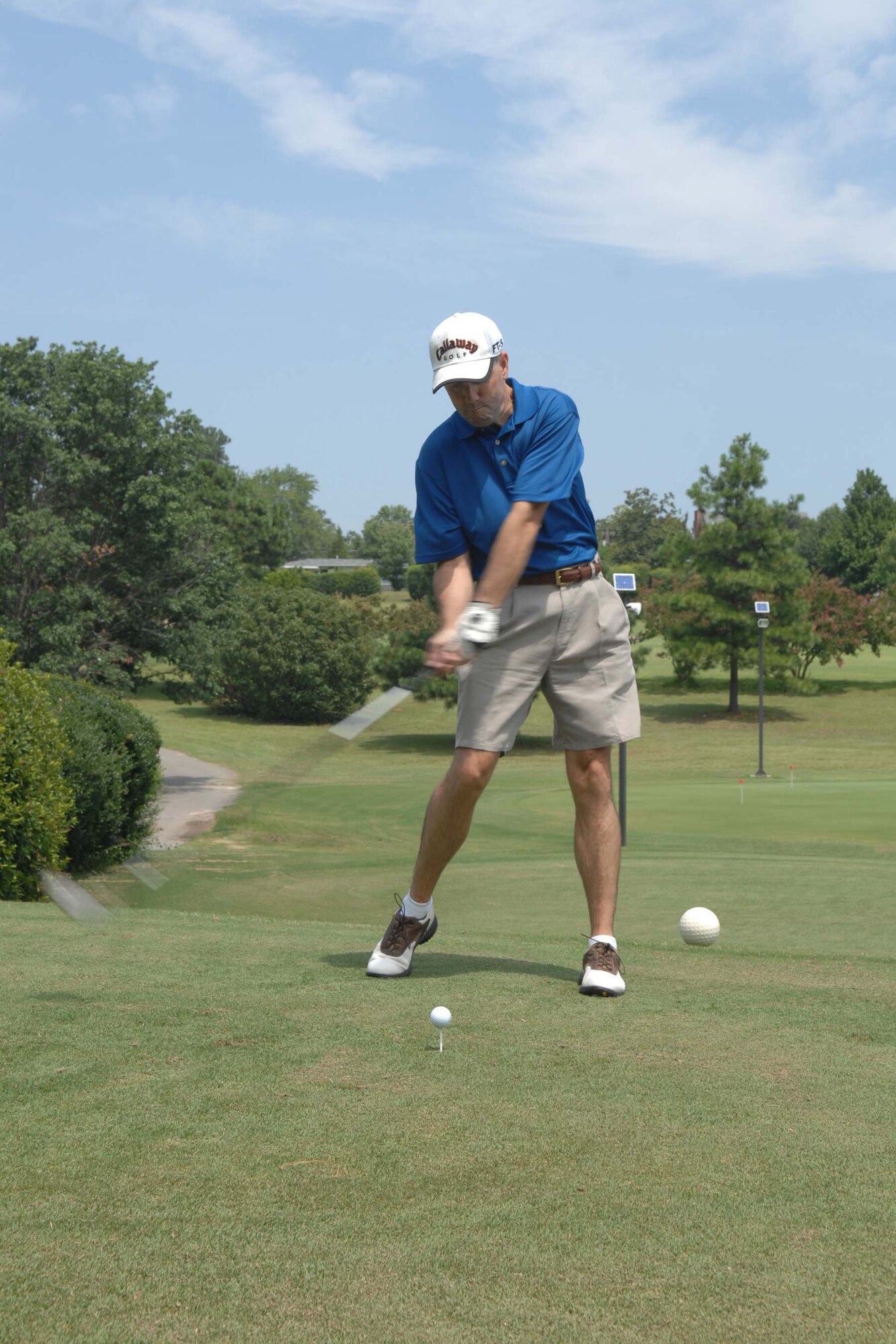 SHAW AIR FORCE BASE, S.C. --  Col. Michael T. Byrne, former 20th Fighter Wing vice commander, tees-off during a shot-gun challenge golf tournament in honor of his going away, Aug. 8. Col. Byrne is making a permanent change of station to Ramstein AFB, Germany. (U.S. Air Force photo/Staff Sgt. Nathan Bevier)