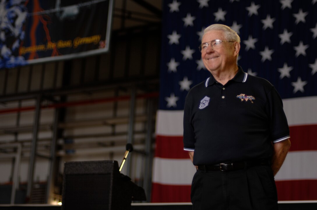 Retired Chief Master Sgt. of the Air Force Robert D. Gaylor speaks to hundreds of Airmen, Aug. 8, 2008, Ramstein Air Base, Germany.  Chief Gaylor is known for his motivational speeches.  He travelled to Avaino Air Base, Italy and Spangdahlem Air Base, Germany as well to speak to a hundred more Airmen.  (U.S. Air Force photo by Senior Airman Amber Bressler)(Released)