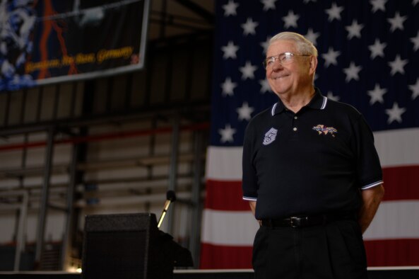 Retired Chief Master Sgt. of the Air Force Robert D. Gaylor speaks to hundreds of Airmen, Aug. 8, 2008, Ramstein Air Base, Germany.  Chief Gaylor is known for his motivational speeches.  He travelled to Avaino Air Base, Italy and Spangdahlem Air Base, Germany as well to speak to a hundred more Airmen.  (U.S. Air Force photo by Senior Airman Amber Bressler)(Released)