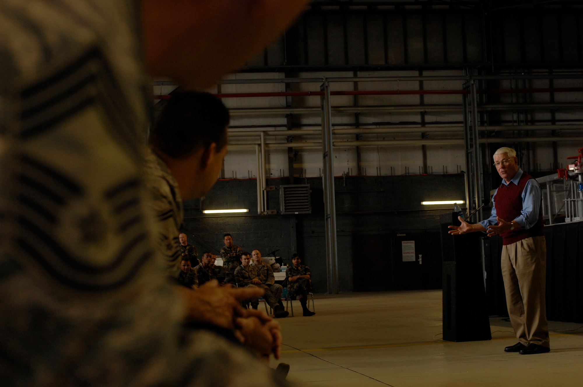 Retired Chief Master Sgt. of the Air Force Robert D. Gaylor speaks to hundreds of Airmen, Aug. 7, 2008, Ramstein Air Base, Germany.  Chief Gaylor is known for his motivational speeches.  He travelled to Avaino Air Base, Italy and Spangdahlem Air Base, Germany as well to speak to a hundred more Airmen.  (U.S. Air Force photo by Senior Airman Amber Bressler)(Released)*