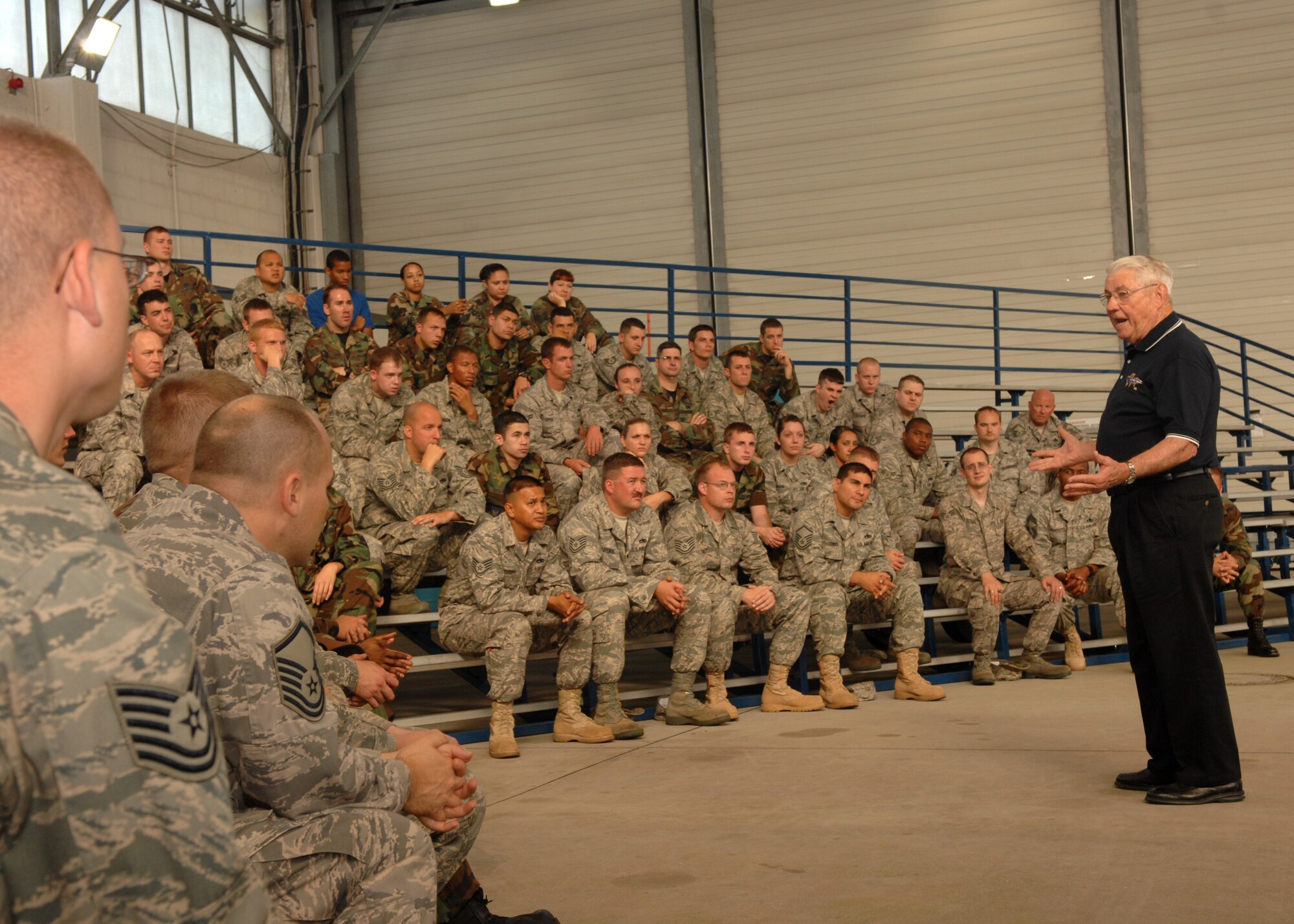 SPANGDAHLEM AIR BASE, Germany – Robert D. Gaylor, 5th Chief Master Sgt. of the Air Force, speaks to members of the 52nd Maintenance Group 52nd Fighter Wing. Spangdahlem is the 20th base Chief Gaylor visited this year. (U.S. Air Force photo by Airman Staci Miller)