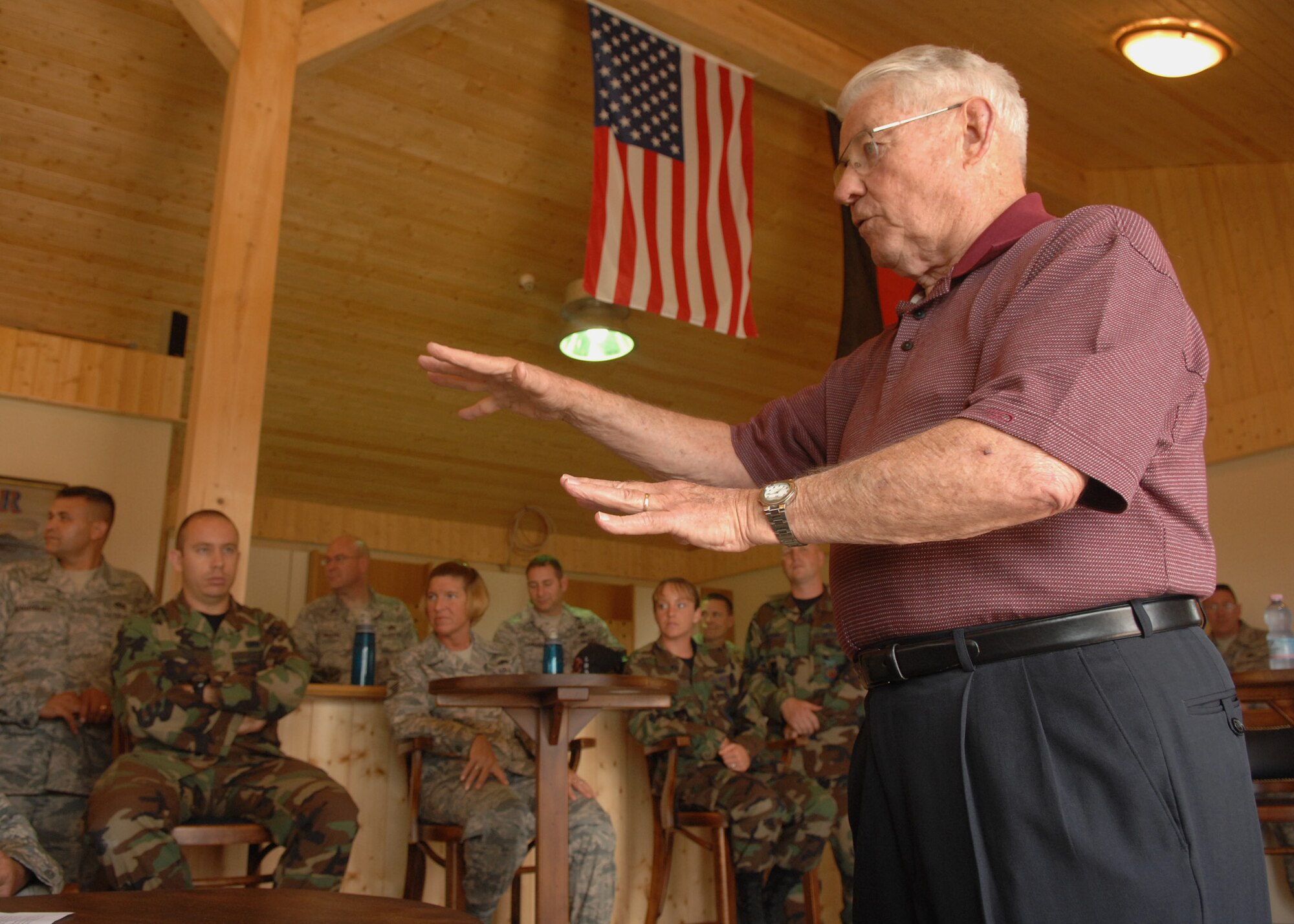 SPANGDAHLEM AIR BASE, Germany – Robert D. Gaylor, 5th Chief Master Sgt. of the Air Force, speaks to members of the 52nd Civil Engineer Squadron 52nd Fighter Wing, Aug. 4, 2008. Spangdahlem is the 20th base Chief Gaylor visited this year.  (U.S. Air Force photo by Airman Staci Miller)