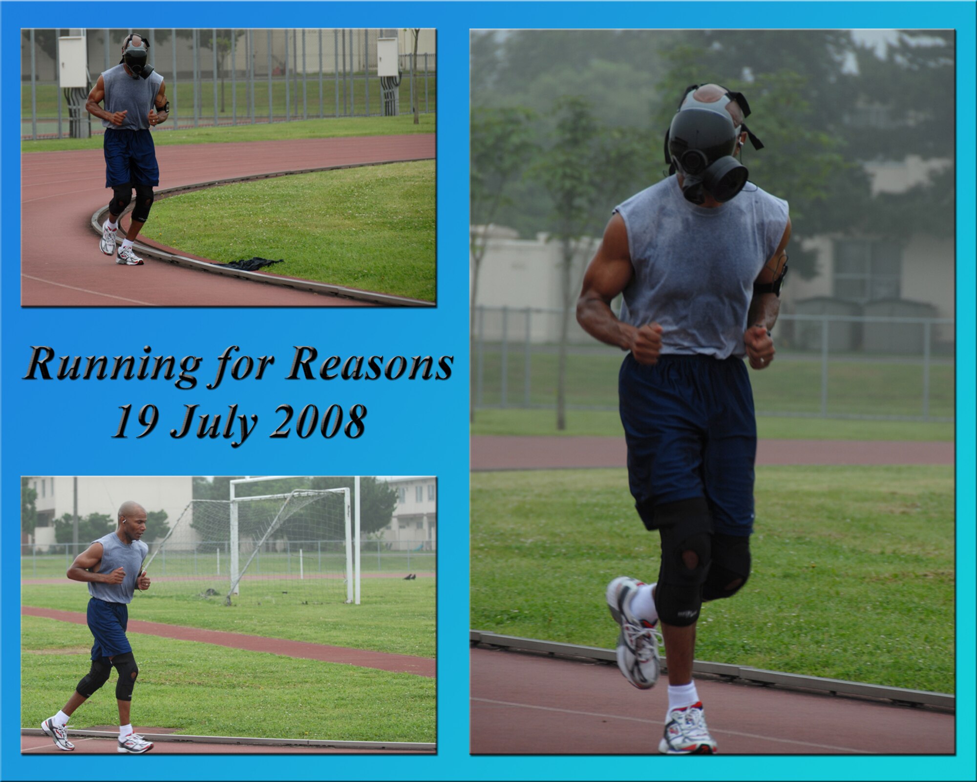 MISAWA AIR BASE, Japan -- Chief Master Sgt. Larry Similton, 35th Security Forces Squadron, runs laps at the Edgren High School track wearing a gas mask during the Air Force Ball 24-hour run-a-thon July 19, 2008.  Chief Similton, 47, raised more than $200 while demonstrating the need for today's Airmen to recognize that they are members of a fighting force.  He ran 21 laps in the gas mask and 20 without, and ran for a total of 90 minutes.  Chief Similton joined the Air Force 27 years ago, and said, "If I can do this at my age, there's no reason the younger generation of Airmen shouldn't be Fit to Fight."  (U.S. Air Force photos by Senior Airman Laura R. McFarlane) 