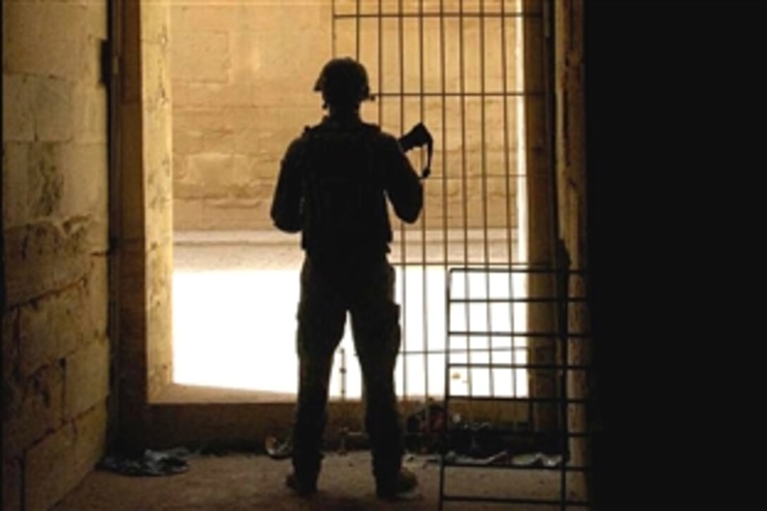 A U.S. soldier looks over the Hadr Ruins in Hadr City, Iraq, Aug. 5, 2008. The ruins were partially reconstructed under Saddam Hussein's power, but now sit untouched. The soldier is assigned to Dragon Company, 1st Squadran, 3rd Armored Cavalry Regiment.
                             
