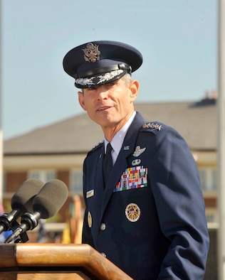 Gen. Norton A. Schwartz addresses his family and others who attended his welcoming ceremony Aug. 12 at Bolling Air Force Base D.C. General Schwartz is the 19th Air Force chief of staff.  (U.S. Air Force photo/Scott M. Ash) 
