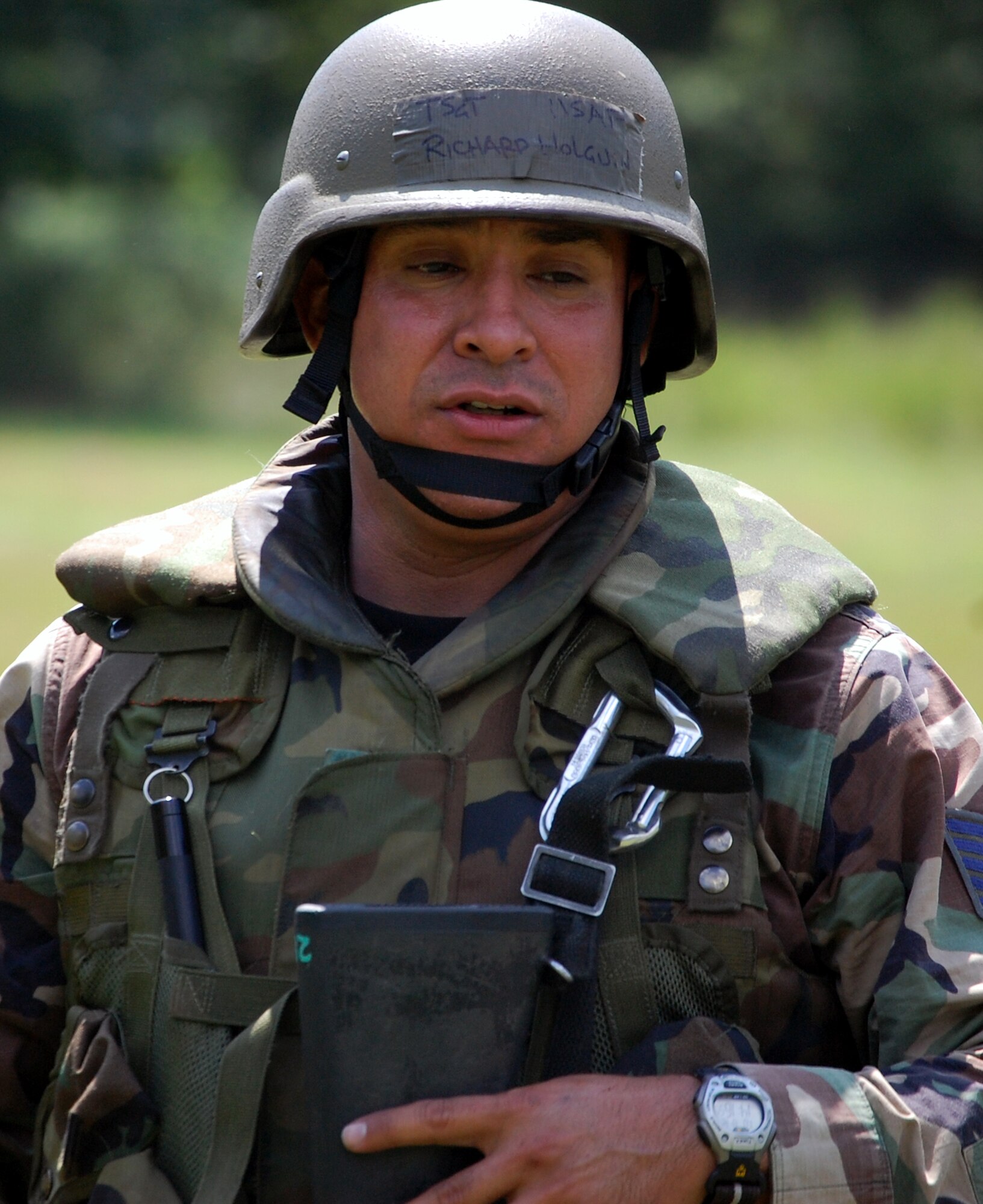Tech. Sgt. Richard Holguin, a student in the Advanced Contingency Skills Training Course, participates in patrolling and tactics training for the course Aug. 12, 2008, on a range on Fort Dix, N.J.  The course, taught by the U.S. Air Force Expeditionary Center's 421st Combat Training Squadron, prepares Airmen from multiple career fields for upcoming deployments.  (U.S. Air Force Photo/Tech. Sgt. Scott T. Sturkol)