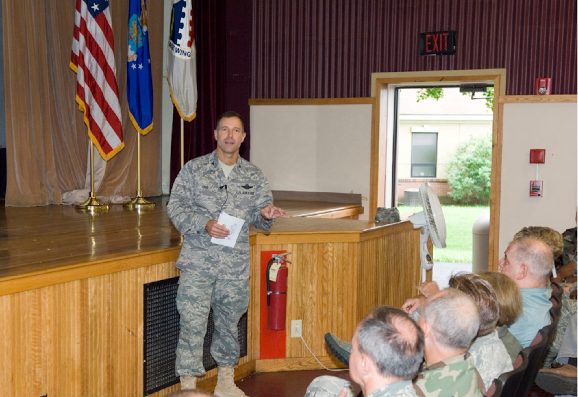 HANSCOM AFB, Mass. - Col. David L. Orr, who took command of the 66th Air Base Wing two weeks ago, addresses wing members during an Aug. 7 commander’s call in the base theater.  The colonel emphasized a commitment to providing top-notch service and to leading by example. (U.S. Air Force photo by Rick Berry)