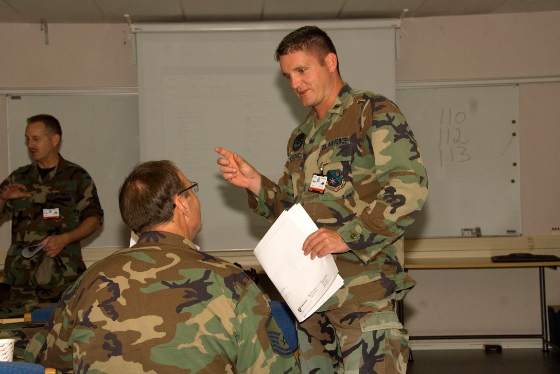 August 11, 2008 Rygge, Air Force Base, Norway-

1st Lt Gareth Fleischer (R) and MSgt. Robert Hullinger (L) discuss converting to the metric system. Members of the Iowa Air National Guard, 185th Air Refueling Wing (ARW), Civil Engineering (CE) in Sioux City, Iowa, deployed for training to Rygge Air Force Base, Norway, in support of Operation Impeccable Glove 2008. The engineering joint training mission is a humanitarian mission with the Norwegian Air force and Army Cadets, from the Norwegian Military Academy. The 185th CE and the Norwegian Air force will team together their knowledge constructing a soccer field and numerous other projects.

Official Air Force Photo By: SSgt. Oscar M. Sanchez-Alvarez
