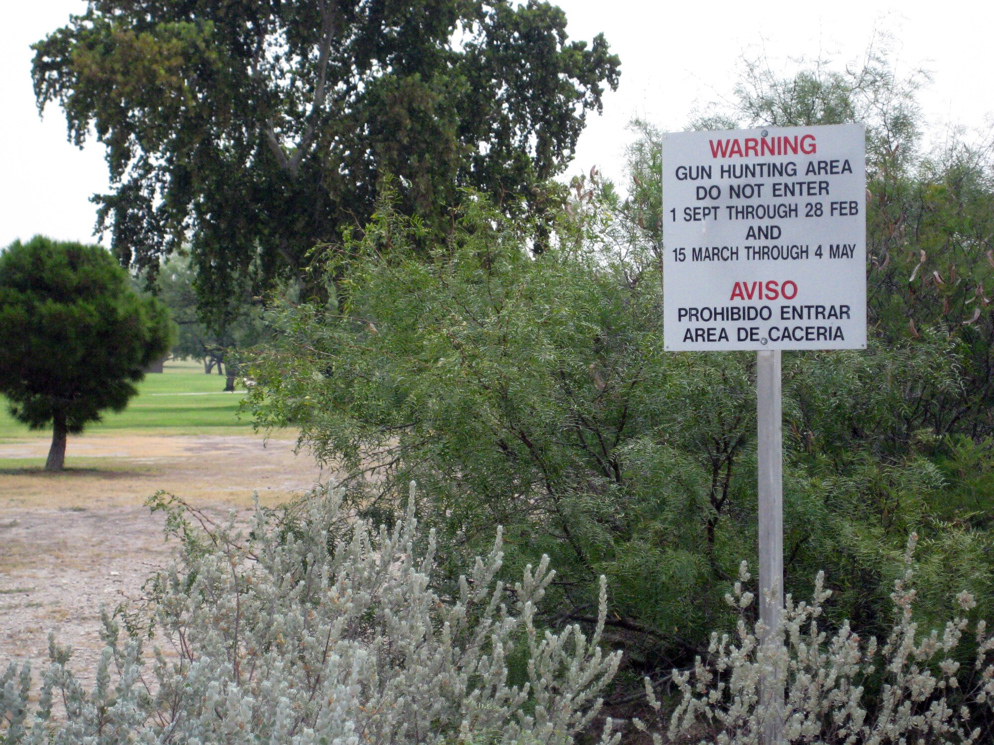 LAUGHLIN AIR FORCE BASE, Texas – Warning signs mark the edges of authorized hunting areas on base, and those not hunting are warned to stay out of these areas during the dates marked on each sign.  (U.S. Air Force photo)