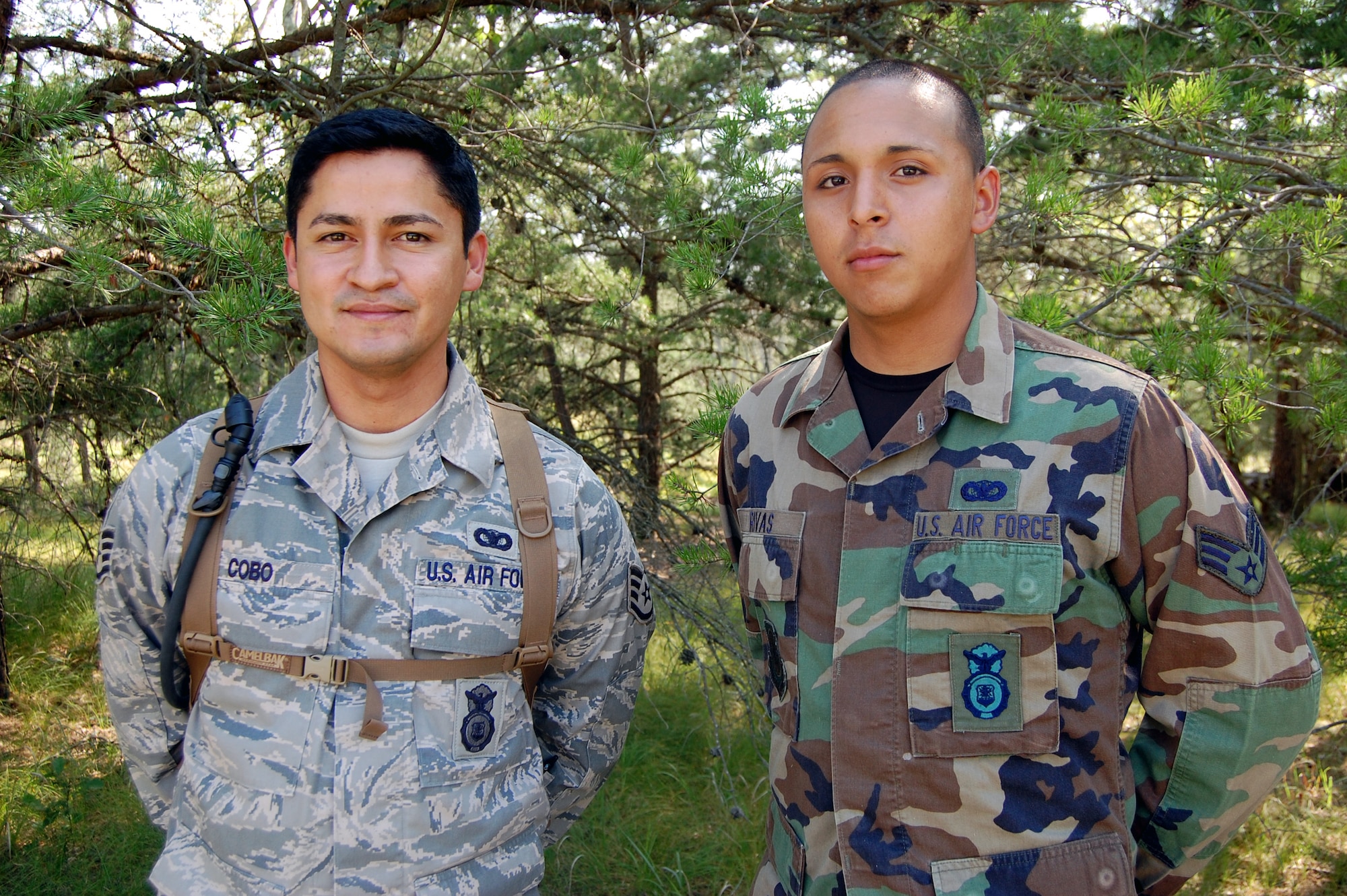 Staff Sgt. Milton Cobo and Senior Airman Nestor Rivas, both security forces Airmen from the 108th Security Forces Squadron and soon to be assigned to the 108th Contingency Response Group at McGuire Air Force Base, N.J., helped save the life of a man drowning in the pool at a hotel in Bordentown, N.J., July 30.  Though they are Air National Guardsmen and local residents, they were at the hotel as part of a study group for the U.S. Air Force Expeditionary Center's Contingency Response Mission Orientation Course which is taught at the Center on Fort Dix, N.J.  (U.S. Air Force Photo/Tech. Sgt. Scott T. Sturkol) 
