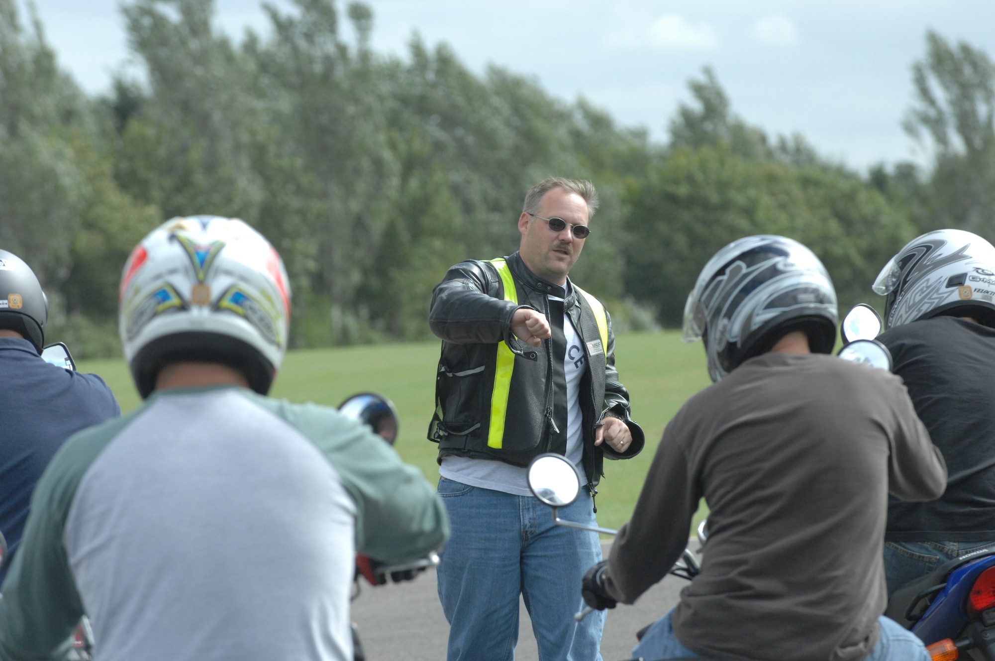 Master Sgt. Brian Niemi instructs a basic motorcycle riders course at RAF Feltwell Aug. 1. Local Motorcycle Safety Foundation instructors offer a variety of basic and experienced rider courses throughout the summer. All Airmen must have completed one of these courses every three years or they are not authorized to ride a motorcycle. (U.S. Air Force photo by Master Sgt. Charles Tubbs)
