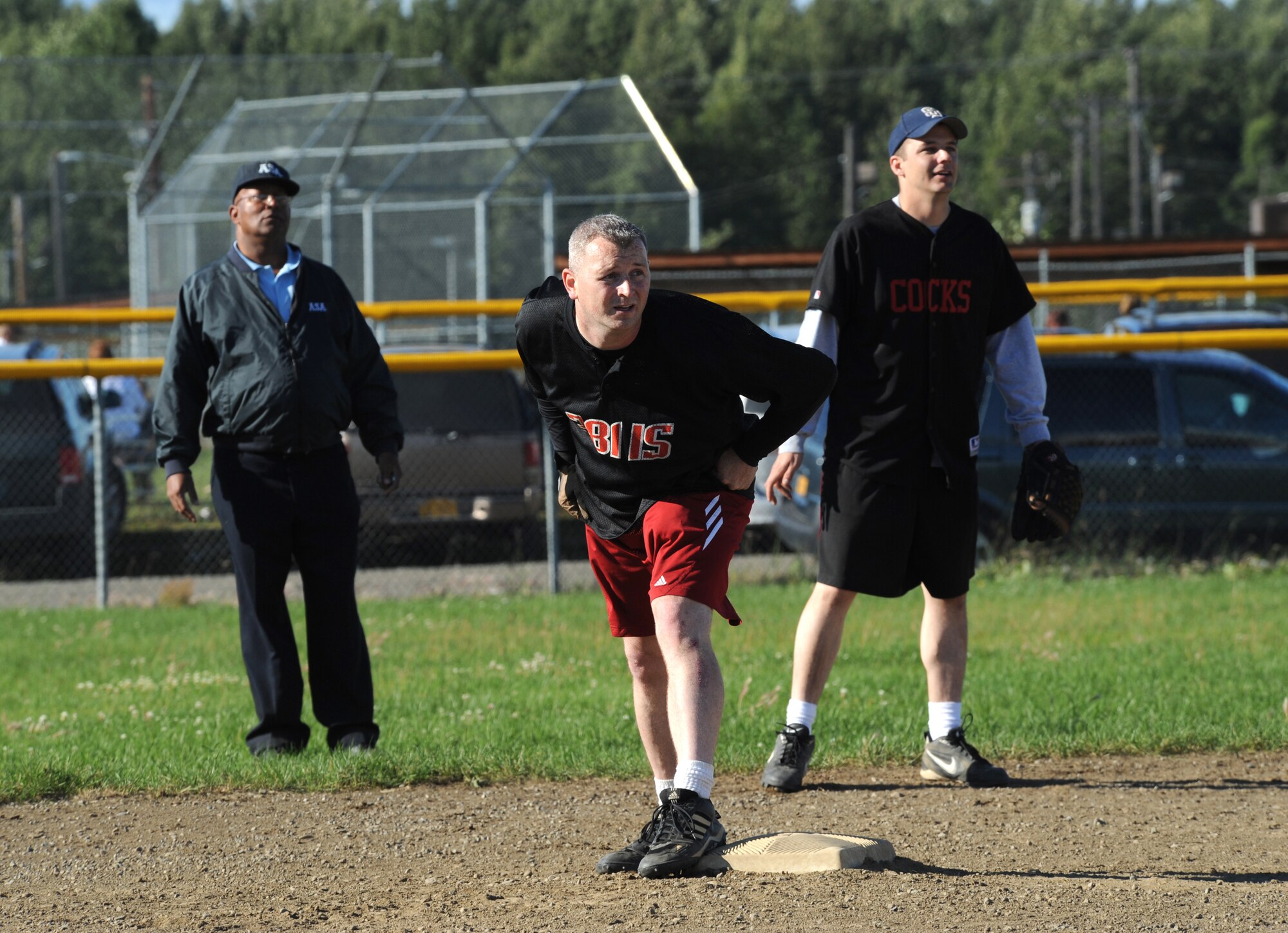 ELMENDORF AIR FORCE BASE, Alaska -- Senior Airman Morgan Nicholaus, 381st Intelligence Squadron, prepares to lead off Wednesday August 6.The 381st IS went head to head with the 19th Fighter Squadron Gamecocks in a bid for the Intramural Softball Championship game. The 381st IS won the championship game finishing the season with a record of 10-1. (U.S. Air Force photo/Airman 1st Class Matthew Owens)