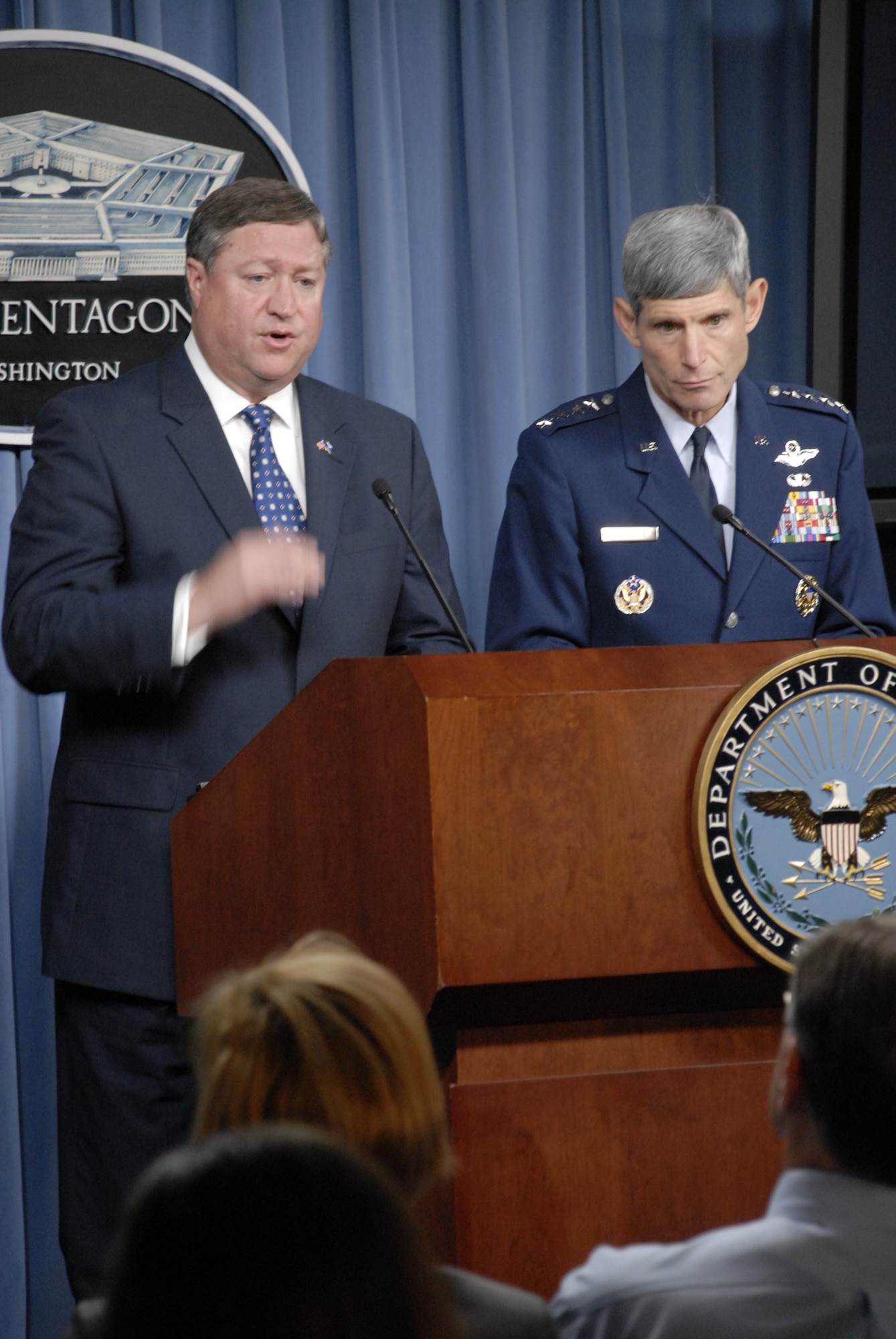 Acting Secretary of the Air Force Michael B. Donley and Air Force Chief of Staff Gen. Norton A. Schwartz hold a press conference Aug. 12 to outline their top priorities for the coming months.  (U.S. Air Force photo/Staff Sgt. Monique Randolph)