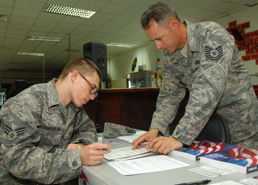 Tech. Sgt. Michael Cook (right), 386th Expeditionary Civil Engineer Squadron voting assistance officer, helps Senior Airman Michael Oberbrockling register to vote Aug. 13 at an air base in Southwest Asia. Officials with the 386th Air Expeditionary Wing held a base-wide voter registration and absentee ballot drive to increase servicemember participation in November's general election.  Sergeant Cook is deployed from Royal Air Force Lakenheath, United Kingdom. Airman Oberbrockling is deployed from Travis Air Force Base, Calif. (U.S. Air Force photo/Tech. Sgt. Raheem Moore)