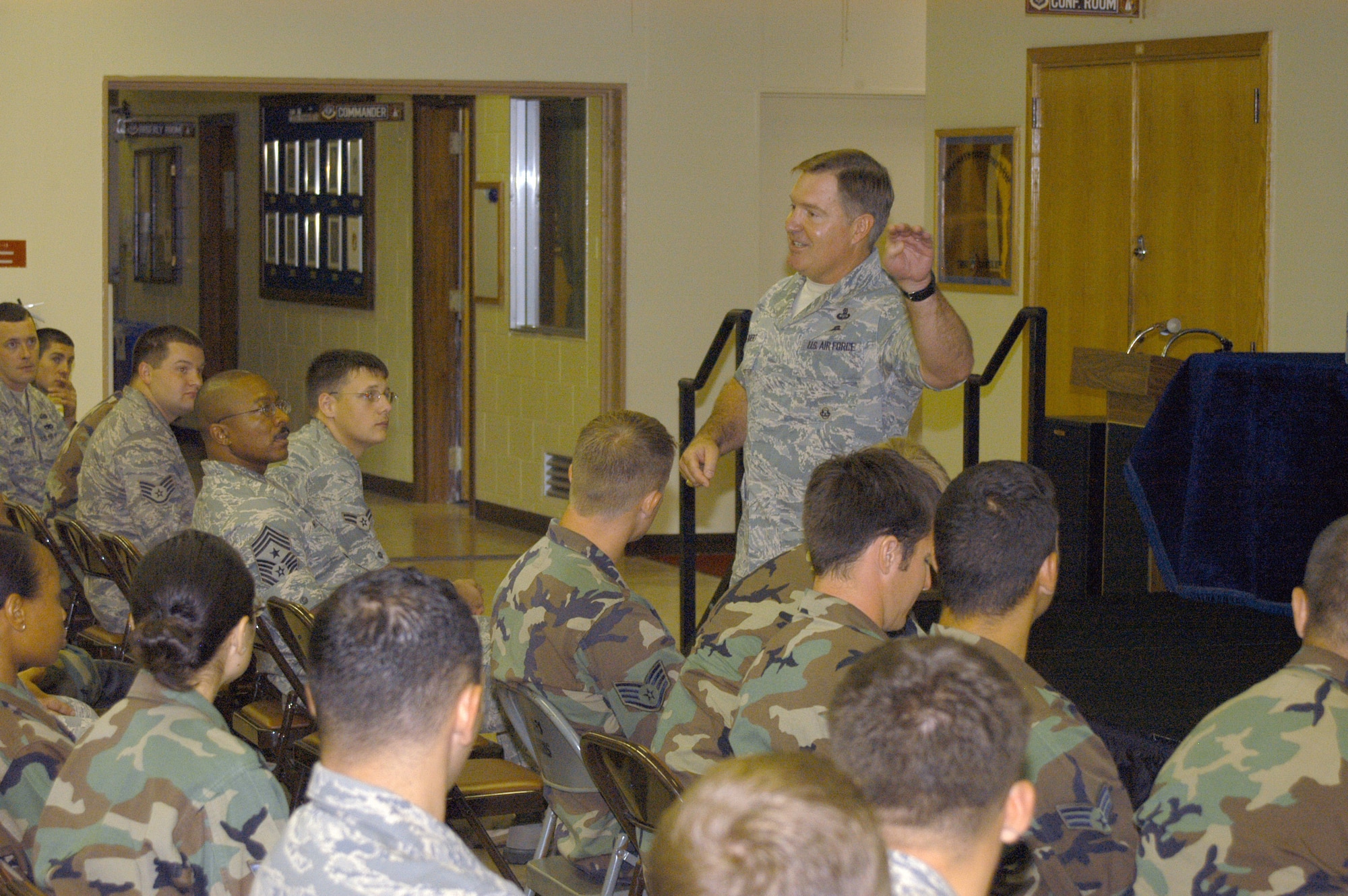Chief Master Sgt. Michael Gilbert, command chief for Air Force Special Operations Command, briefs junior enlisted members of the 353rd Special Operations Group here July 28 during his four-day visit to the group. The chief?s briefing addressed the command?s participation in current operations around the world and the future of Air Force special operations. (U.S. Air Force photo/Tech. Sgt. Aaron Cram)