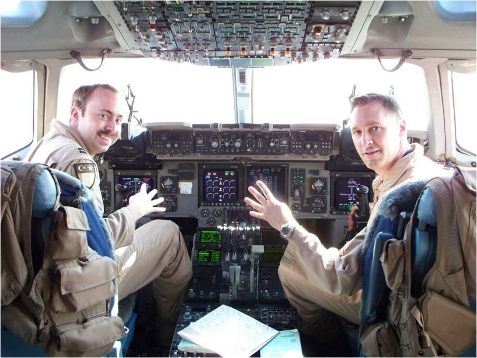 INCIRLIK AIR BASE, Turkey — Capt. James Long, left, and Lt. Col. Scott Start, both 4th Airlift Squadron, pose upon returning from another mission to Iraq during a recent deployment. Captain Long is one of the 4th AS’s most experienced instructor pilots and Colonel Start is the squadron’s director of operations. Both are key players in the 817th Expeditionary Airlift Squadron’s success. (Courtesy photo.)