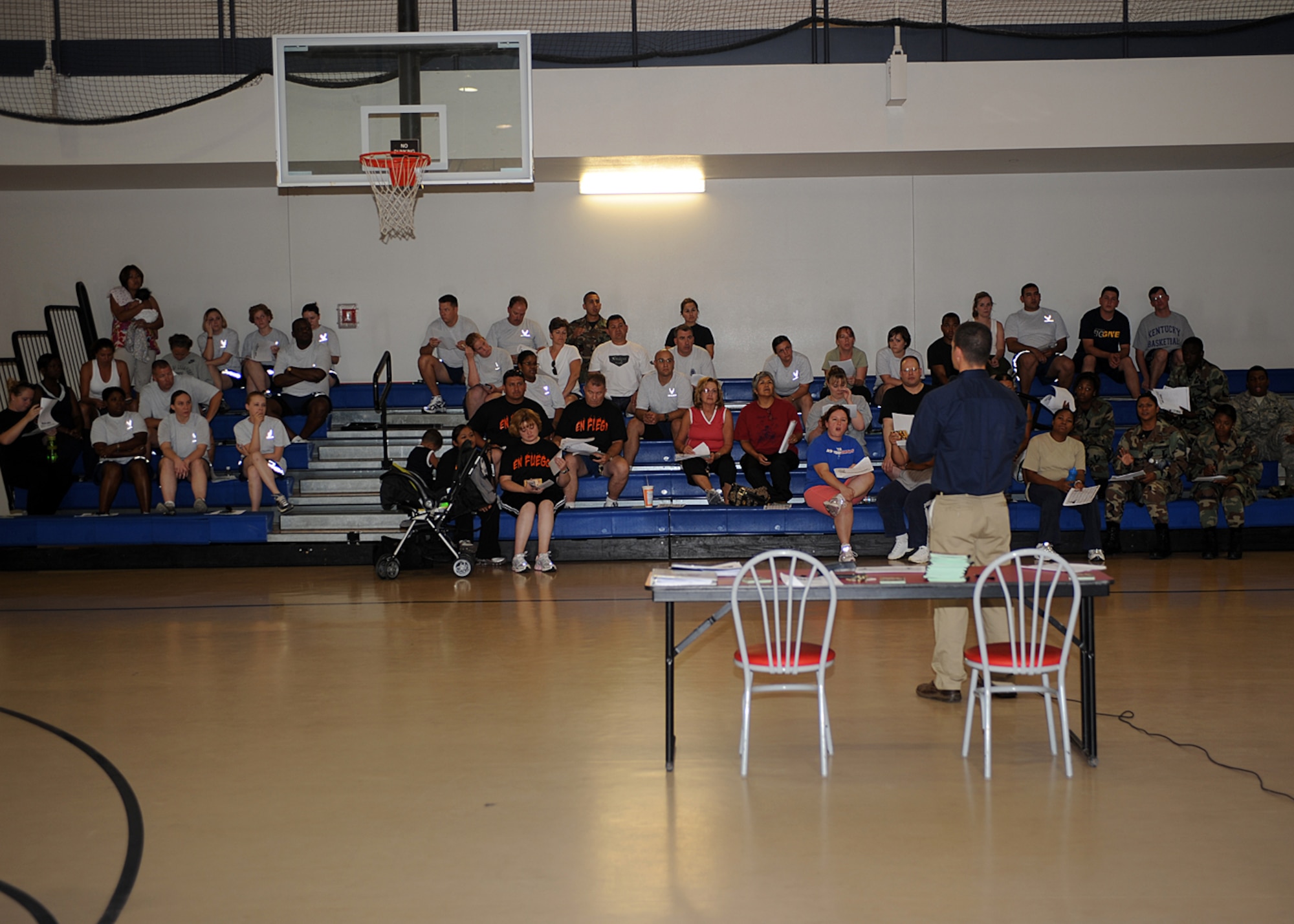 The Biggest Loser contestants attend the initial briefing and weigh in at the Fitness Center on Holloman Air Force Base, N.M. The Biggest Loser competition is a contest to see which team can lose the most percentage of body fat. (U.S Air Force photo/ Airman 1st Class DeAndre Curtiss)