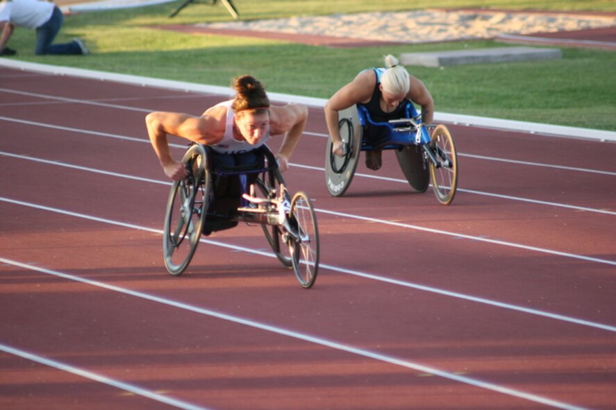 Tatyana McFadden sets her sights on the finish line during the weekend's competition at ASU Sun Angel stadium during the U.S. Paralympic Trials held June 14 in Tempe, Ariz. The U.S. Paralympic Track and Field and Swim teams will visit Kadena Aug. 24 to train and get acclimated to the weather just before heading to China to compete in the 2008 Paralympic Games. (U.S. Olympic Committee photo/Jeanine Hansen)