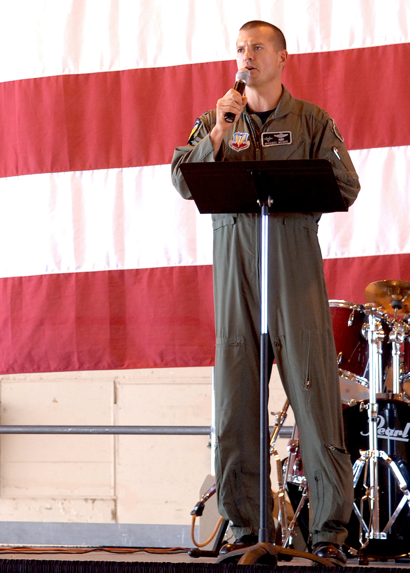 Col. Michael McGee, 49th Fighter Wing vice wing commander, expresses the importance of deployment during his speech at the Hail and Farewell, Aug. 7, at Holloman Air Force Base, N.M.  (U.S. Air Force photo/Airman 1st Class John D. Strong II)