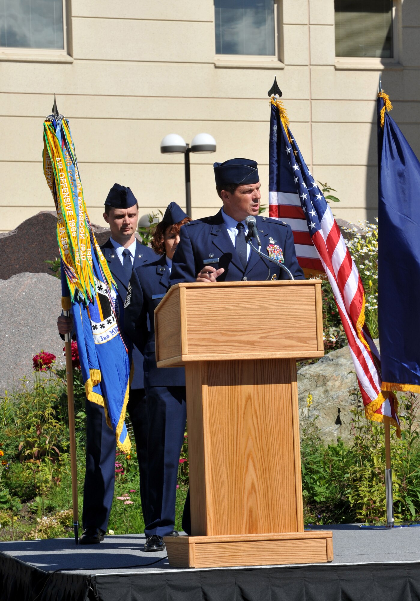 ELMENDORF AIR FORCE BASE, Alaska -- Col. Richard Walberg, 3rd Wing commander, speaks to the attendants of the 3rd Medical Group change of command ceremony Aug. 8. The 3rd MDG serves the dynamically changing health needs of 81,000 Alaskan Department of Defense and VA beneficiaries through TRICARE, DOD/VA Joint Venture, and the Alaska Federal Health Care Partnership. (U.S. Air Force photo/Airman 1st Class Tinese Treadwell)