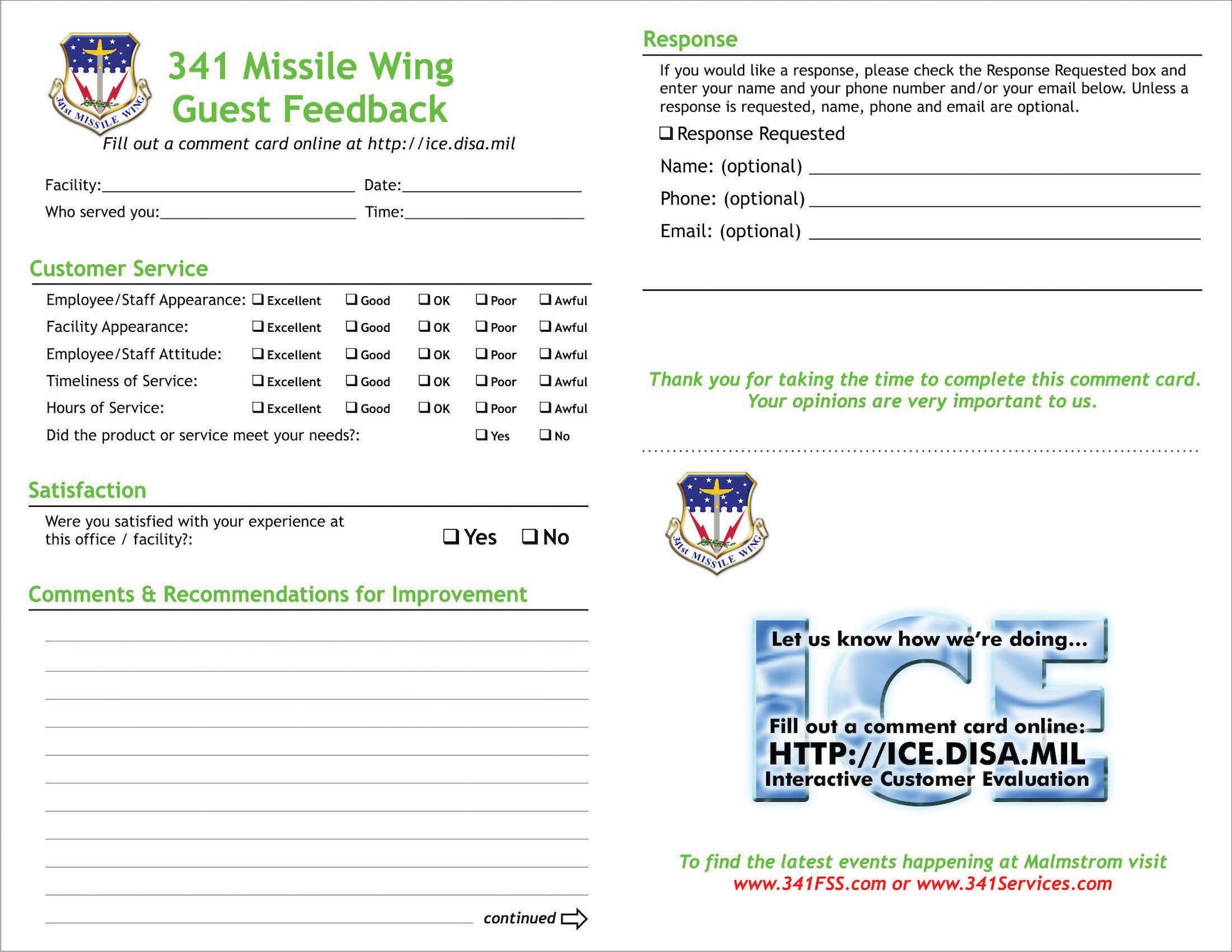 341st MW lCE comment card