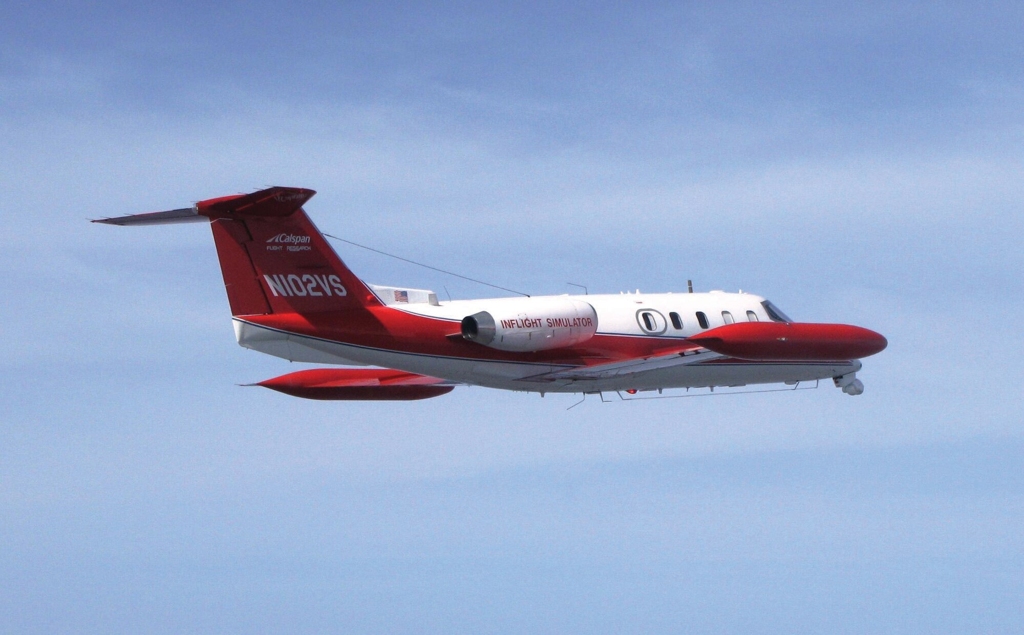Calspan Learjet equipped with the electro-optical cameras, AI-130 radar, and airspace deconfliction technologies that make up the Sense and Avoid system test platform. Photo courtesy of Calspan Flight Research.