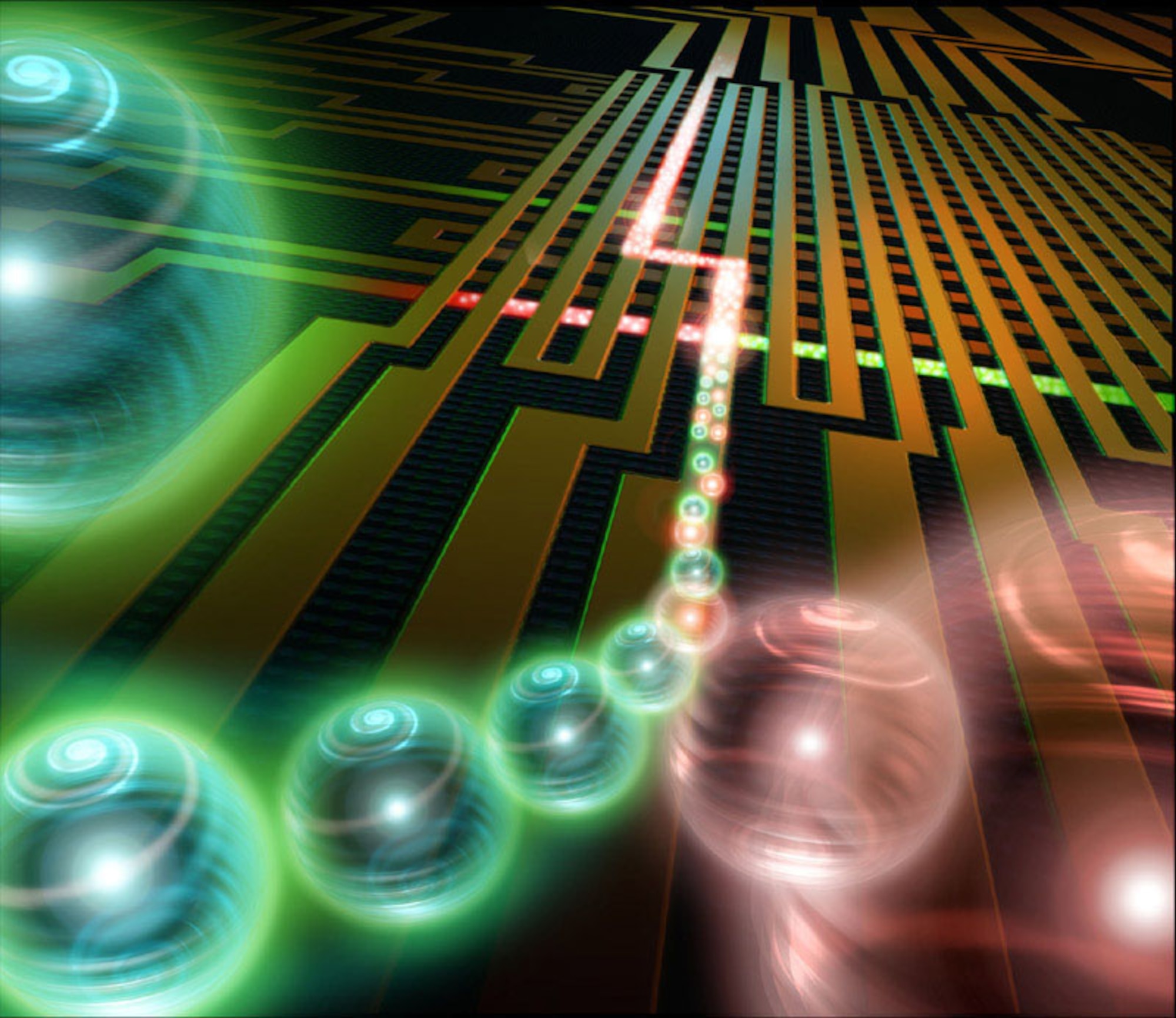 Graphic illustration of semiconductor spintronics. Image courtesy of David Awschalom University of California, Santa Barbara.
