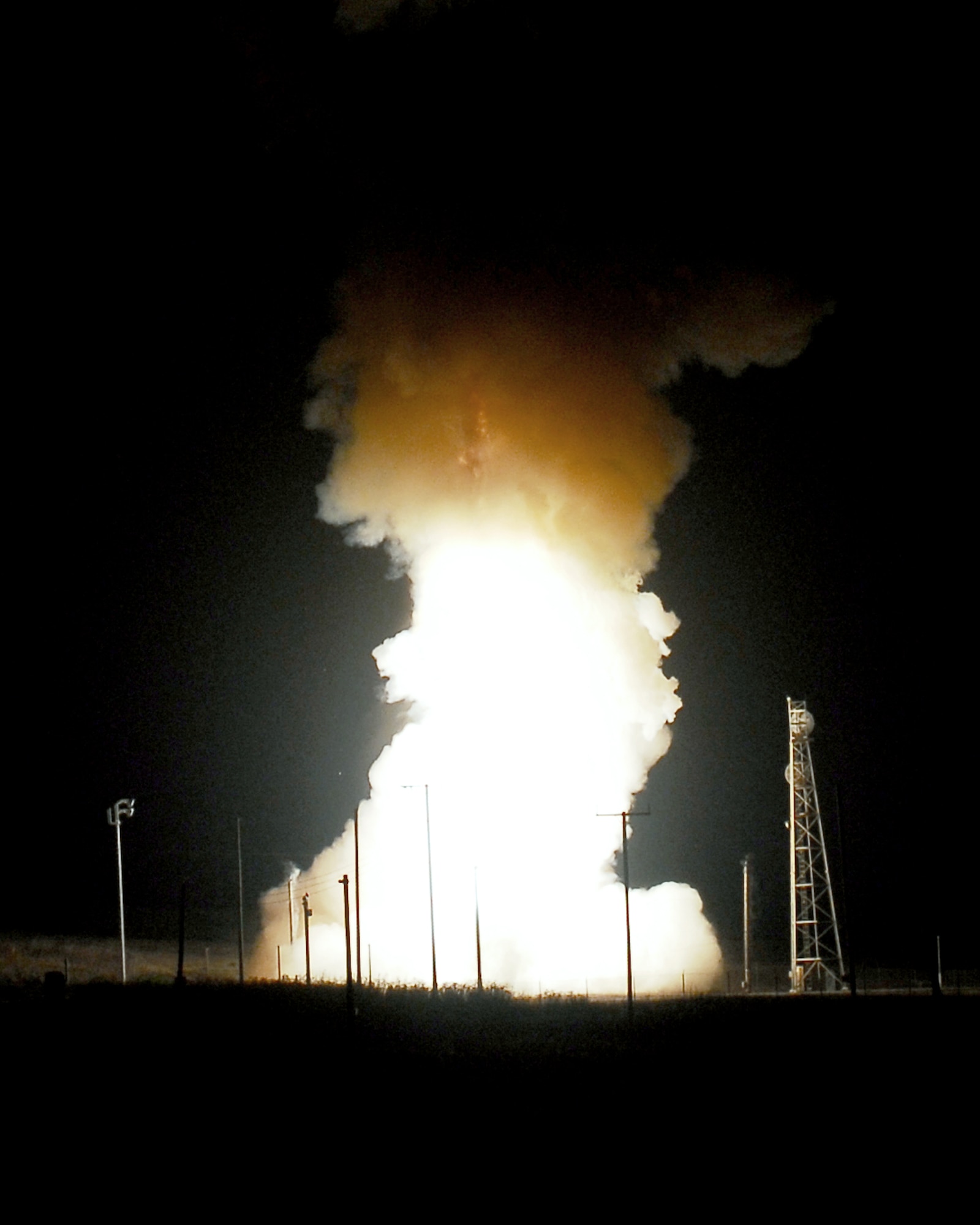 A Minuteman III intercontinental ballistic missile successfully launches at 1:01 a.m. Aug. 13 from North Vandenberg AFB.  The missile was configured with a National Nuclear Security Administration, or NNSA, test assembly in which three unarmed re-entry vehicles traveled approximately 4,220 miles to their pre-determined targets near the Kwajalein Atoll in the Marshall Islands.  The launch was a throw-back to years past in which a maintenance task force from an operational missile wing, in this case the 341st Missile Wing from Malmstrom AFB, Mont., performed jobs unique to test operations while validating the work they perform at the northern tier bases.  (U.S. Air Force photo/Joe Davila)