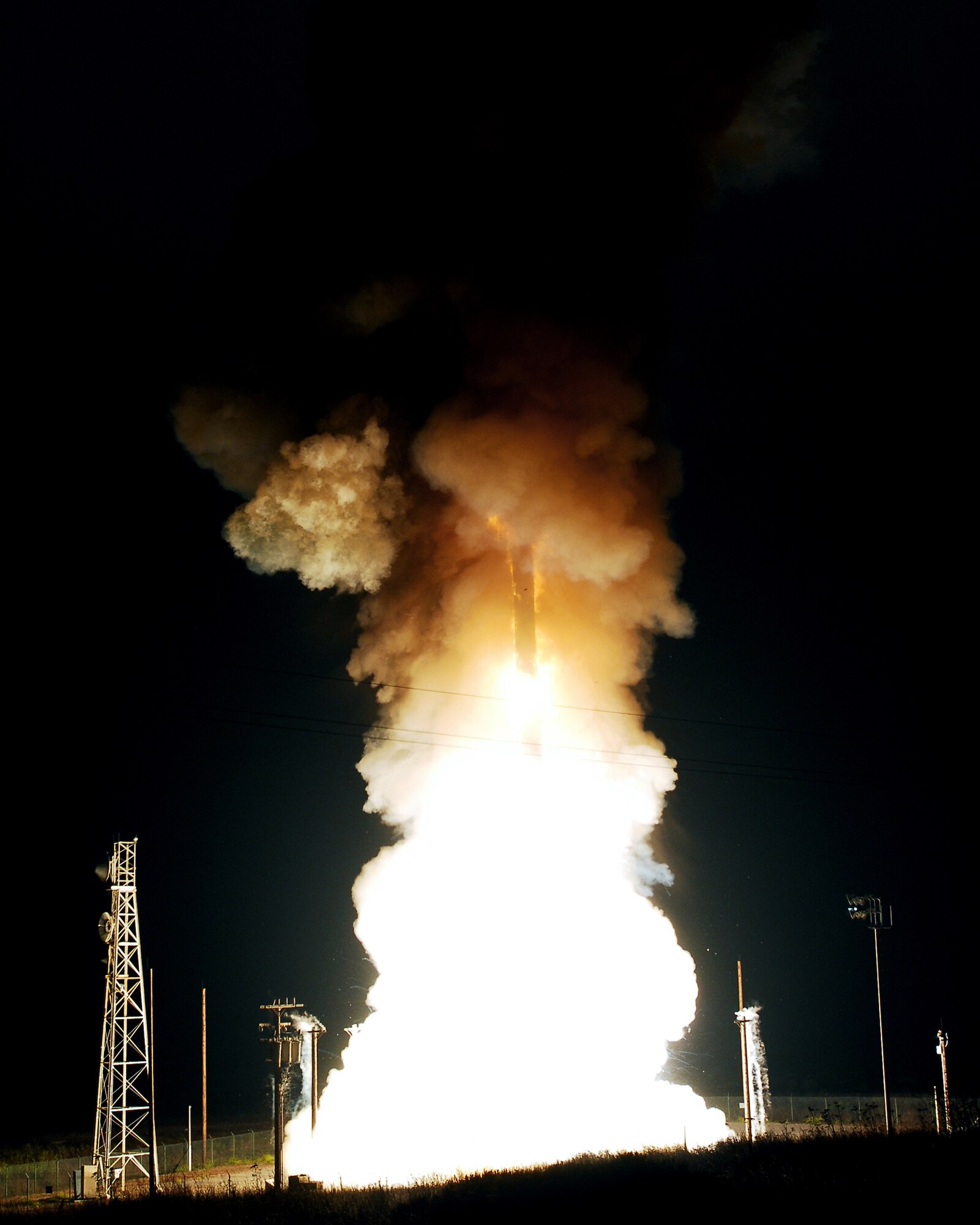 A Minuteman III intercontinental ballistic missile successfully launches at 1:01 a.m. Aug. 13 from North Vandenberg AFB.  The missile was configured with a National Nuclear Security Administration, or NNSA, test assembly in which three unarmed re-entry vehicles traveled approximately 4,220 miles to their pre-determined targets near the Kwajalein Atoll in the Marshall Islands.  The launch was a throw-back to years past in which a maintenance task force from an operational missile wing, in this case the 341st Missile Wing from Malmstrom AFB, Mont., performed jobs unique to test operations while validating the work they perform at the northern tier bases.  (U.S. Air Force photo/Joe Davila)