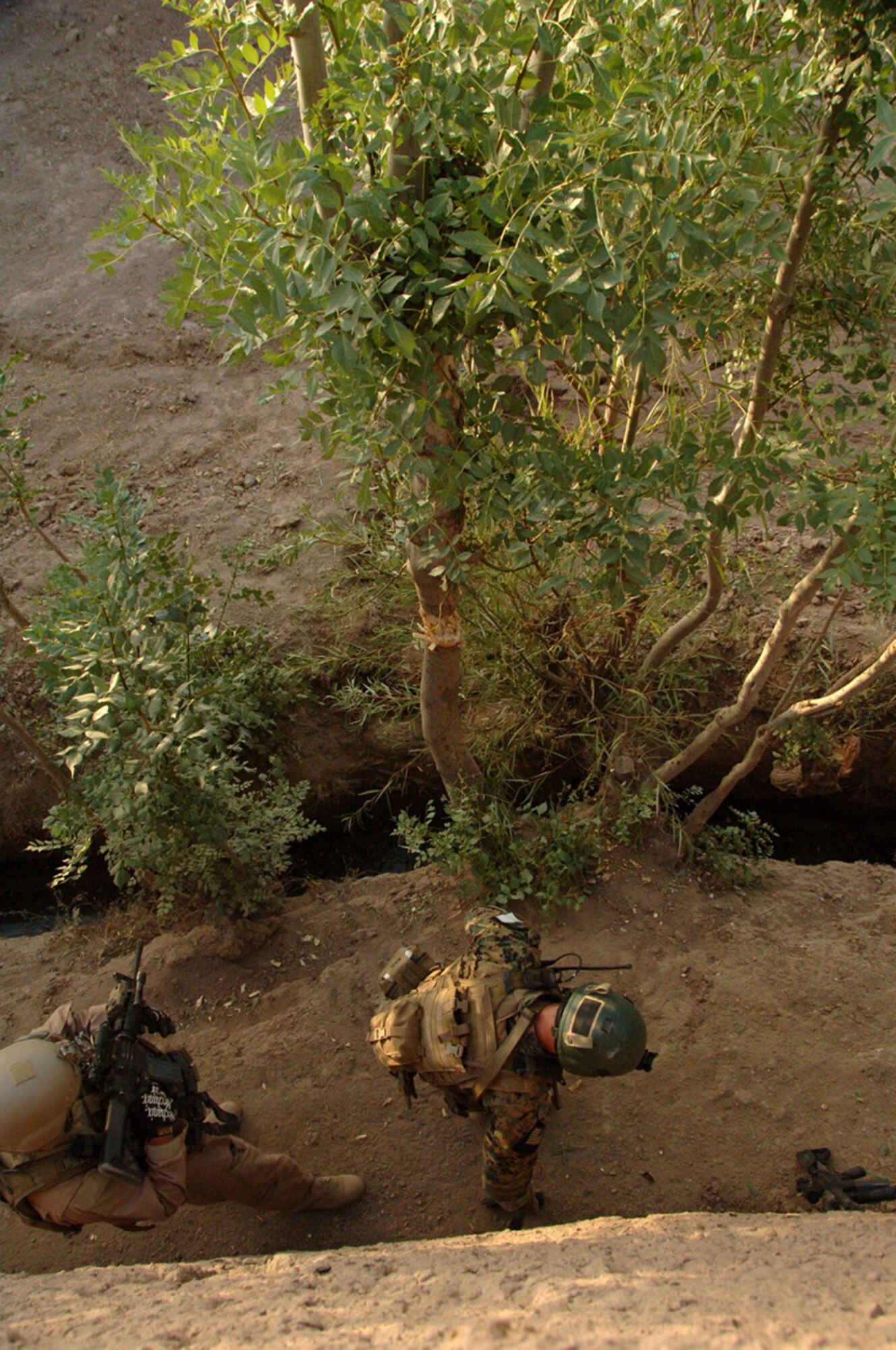 A Marine Special Forces operator covers another operator with his M-4 carbine rifle while they clear a tree line in the Zerkoh Valley near Parmakan, Afghanistan, Herat province.  (U.S. Army photo/Spc. Curtis Loter)