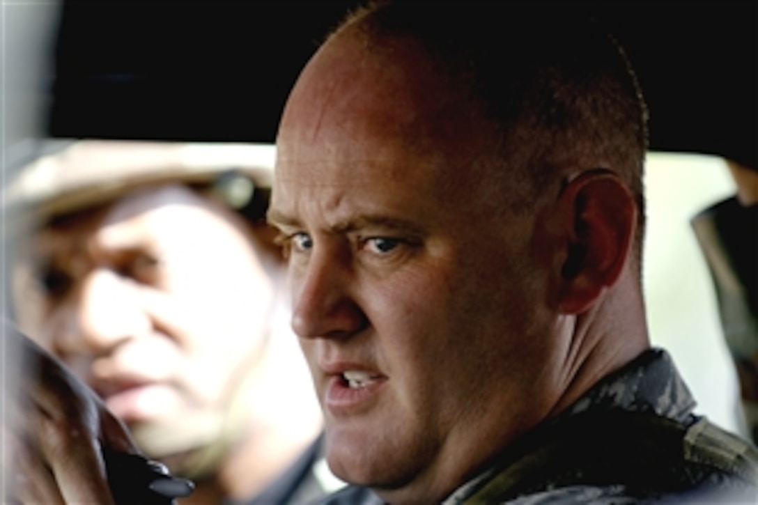 U.S. Air Force Master Sgt. Richard Parker, the non-commissioned officer in charge of exercise support, conducts a tactical vehicle license certification briefing in preparation for Exercise 08-09 at the Joint Readiness Training Center on Fort Polk, La., Aug. 9, 2008. 