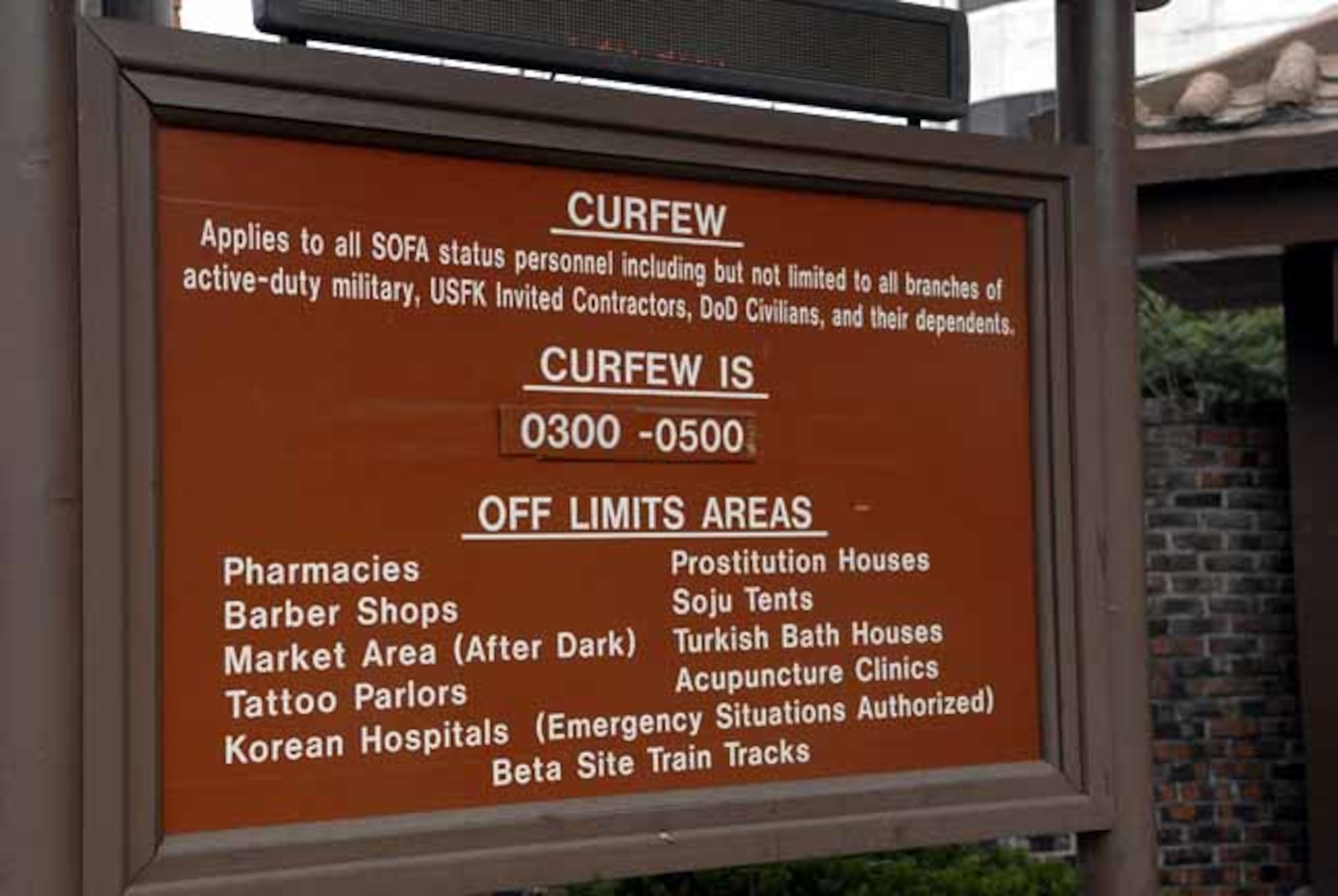 Beginning Aug. 15, the curfew restriction on Friday, Saturday and Sunday morning, U.S.-observed holidays is from 3 to 5 a.m. These restrictions apply to all U.S. servicemembers serving in the Republic of Korea, including members on TDY. (U.S. Air Force photo/Senior Airman Christopher Boitz)
