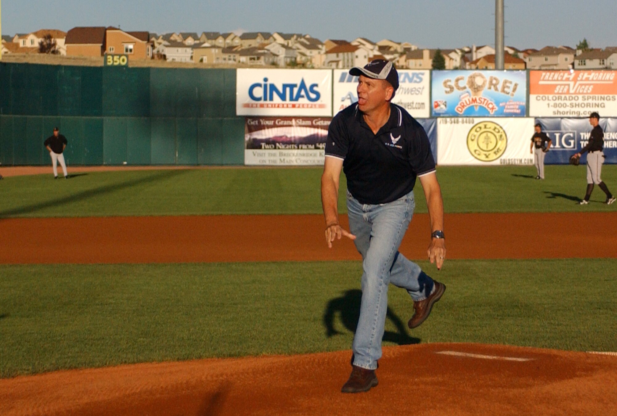 Col. Wayne Montieth, 21st Space Wing vice commander, throws the first pitch during a local Colorado Springs Sky Sox baseball game Aug. 13 at Security Service Field. Colonel Montieth was invited to throw the pitch in recognition of the Sky Sox’s military appreciate day event. The event catered to military members throughout the Southern Colorado region, offering free tickets to those servicemembers. (U.S. Air Force photo/Warren Schroeder)
