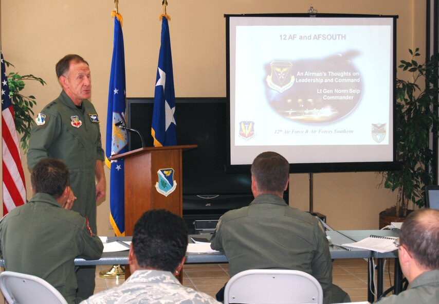 LAUGHLIN AIR FORCE BASE, Texas-- Lt. Gen. Norman R. Seip, 12th Air Force (Air Force Southern) commander, briefs Laughlin leadership at the Fellowship Hall here Aug. 14.  During General Seip’s briefing, unit commanders learned about leadership roles and principles and had the opportunity to ask questions about the future of the Air Force.  General Seip, who oversees five forward-operating locations, civil and military engagements in Central and South America, was here for a two-day visit Aug. 14-15.  (U.S. Air Force photo/Staff Sgt. Olufemi A. Owolabi)