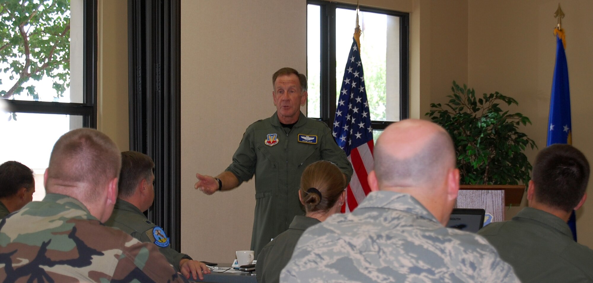 LAUGHLIN AIR FORCE BASE, Texas-- Lt. Gen. Norman R. Seip, 12th Air Force (Air Force Southern) commander, briefs Laughlin leadership at the Fellowship Hall here Aug. 14.  During General Seip’s briefing, unit commanders learned about leadership roles and principles and had the opportunity to ask questions about the future of the Air Force.  General Seip, who oversees five forward-operating locations, civil and military engagements in Central and South America, was here for a two-day visit Aug. 14-15.  (U.S. Air Force photo/Staff Sgt. Olufemi A. Owolabi)