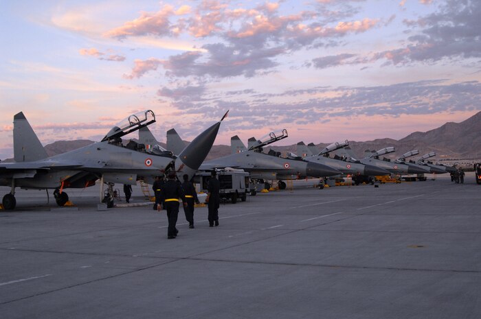 Aircraft maintainers with the Indian air force conduct post-flight maintenance on an SU-30 Fighter following a Red Flag mission at Nellis Air Force Base, Nev. Aug. 13 2008. The Indian air force is at Nellis for Red Flag 08-4, a two-week exercise that pits forces in a realistic aerial "battlefield" to hone the fighting skills of American and allied airmen. Republic of Korea, Indian, Navy and Air Force teams are joining the Indian air force in Red Flag 08-4.(U.S. Air Force photo by Airman 1st Class Ryan Whitney)