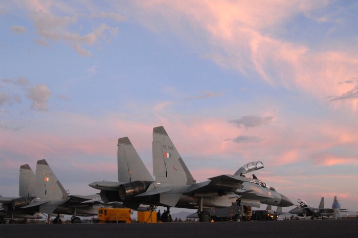 Aircraft maintainers with the Indian air force conduct post-flight maintenance on an SU-30 Fighter following a Red Flag mission at Nellis Air Force Base, Nev. Aug. 13 2008. The Indian air force is at Nellis for Red Flag 08-4, a two-week exercise that pits forces in a realistic aerial "battlefield" to hone the fighting skills of American and allied airmen. Republic of Korea, Indian, Navy and Air Force teams are joining the Indian air force in Red Flag 08-4.(U.S. Air Force photo by Airman 1st Class Ryan Whitney)