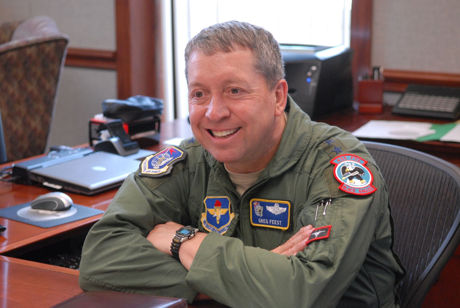 Maj. Gen. Gregory Feest, 19th Air Force commander, talks on his vision for the future of 19th Air Force Aug. 12. (U.S. Air Force photo by Rich McFadden)