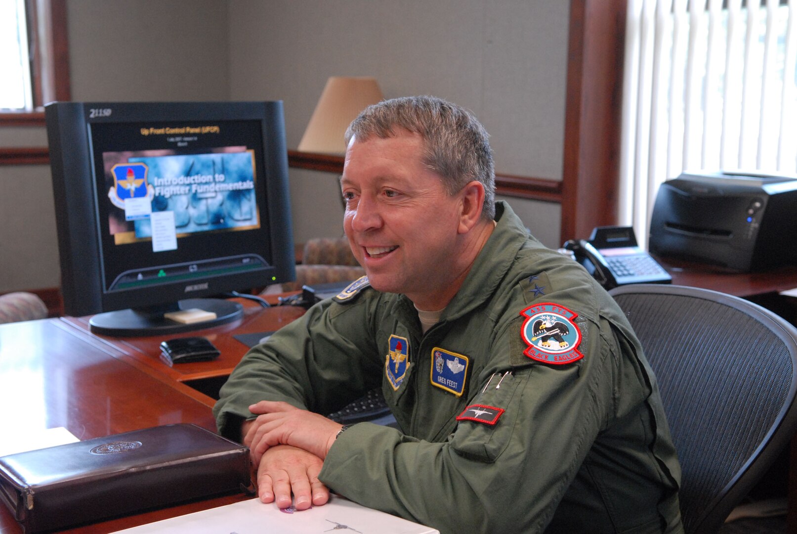 Maj. Gen. Gregory Feest, 19th Air Force commander, talks on his vision for the future of 19th Air Force Aug. 12. (U.S. Air Force photo by Rich McFadden)