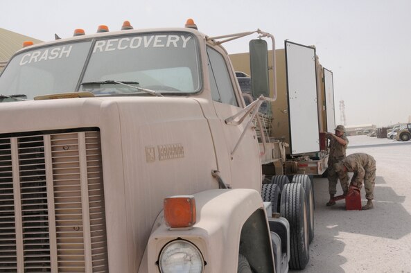 Airman 1st Class Daniel Breen and Airman 1st Class Garry Saari, repair and reclamation journeyman with the 379th Expeditionary Maintenance Squadron, inspect equipment boxes from their crash trailer Aug. 14, 2008, at an undisclosed air base in Southwest Asia. The 379th Expeditionary Maintenance Squadron is responsible for recovering aircraft and clearing the debris of crashed aircraft throughout the U.S. Central Command’s area of responsibility. Airman Breen, a native of Alliance, Neb., is deployed from Grand forks Air Force Base, N.D., and Airman Saari, a native of Las Vegas, Nev., is deployed from Ellsworth Air Force Base, S.D., in support of Operations Iraqi Freedom, Enduring Freedom and Joint Task Force-Horn of Africa. (U.S. Air Force photo by Staff Sgt. Darnell T. Cannady)