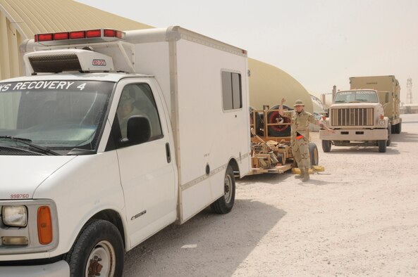 Airman 1st Class Daniel Breen motions to Airman 1st Class Garry Saari as he backs the Recovery 4 van so it can be connected to a jack trailer Aug. 14, 2008, at an undisclosed air base in Southwest Asia. Both Airmen are repair and reclamation journeyman with the 379th Expeditionary Maintenance Squadron. The 379th Expeditionary Maintenance Squadron is responsible for recovering aircraft and clearing the debris of crashed aircraft throughout the U.S. Central Command’s area of responsibility. Airman Breen, a native of Alliance, Neb., is deployed from Grand forks Air Force Base, N.D., and Airman Saari, a native of Las Vegas, Nev., is deployed from Ellsworth Air Force Base, S.D., in support of Operations Iraqi Freedom, Enduring Freedom and Joint Task Force-Horn of Africa. (U.S. Air Force photo by Staff Sgt. Darnell T. Cannady)