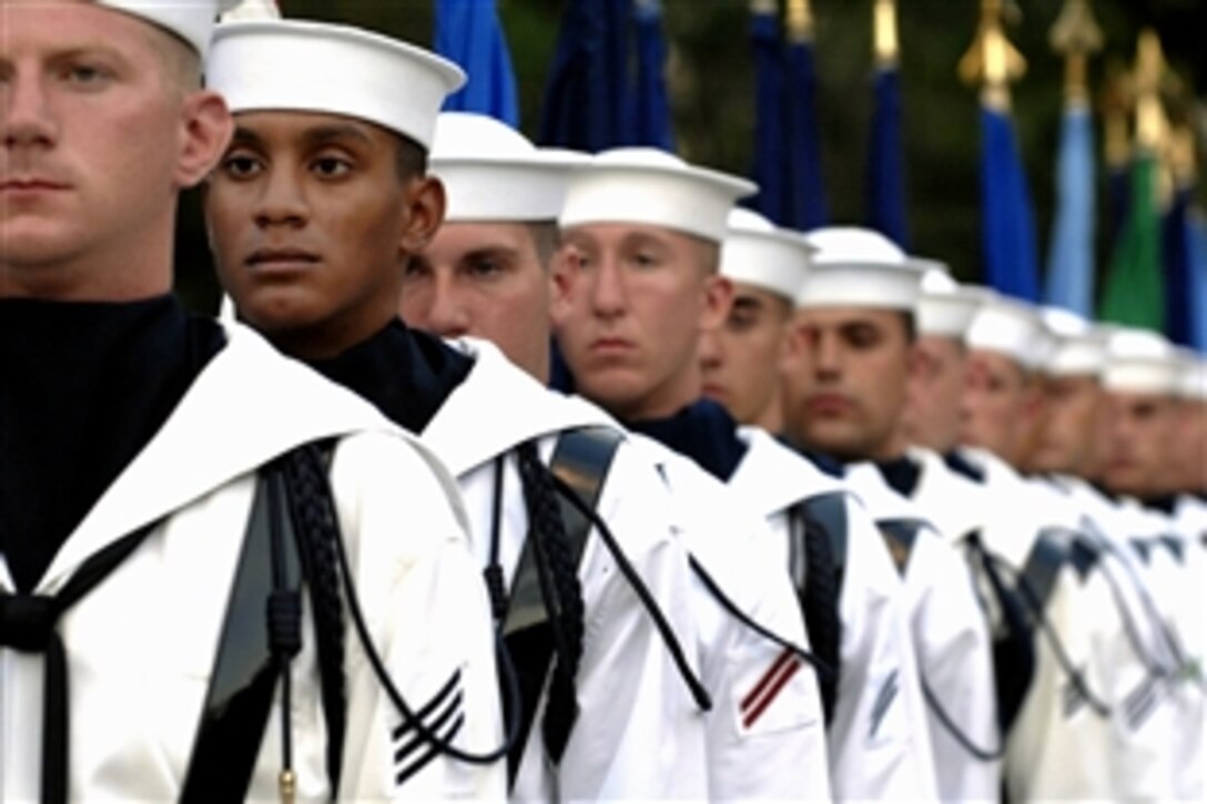 U.S. Navy sailors assigned to the U.S. Navy Ceremonial Guard prepare to perform before a free concert by the U.S. Navy Band at the Navy Memorial in Washington, D.C., Aug. 12, 2008. The band performs at the memorial every Tuesday from Memorial Day through Labor Day. 