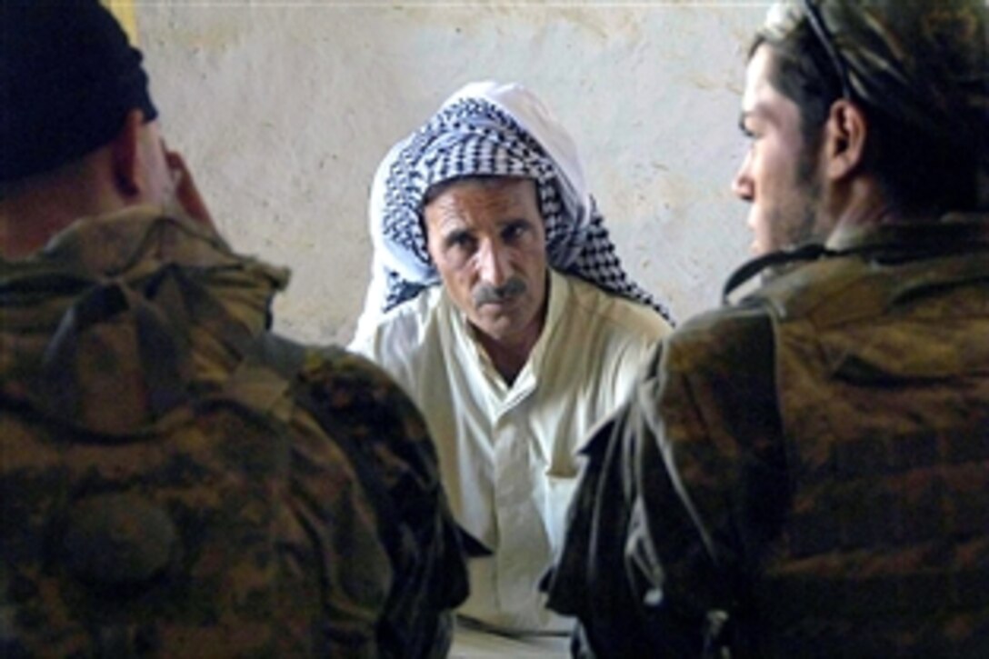 U.S. Army 1st Lt. Chris Laurion, left, talks with a local man in 30 Tamuz, Iraq, Aug. 9, 2008. Laurion and his fellow soldiers are assigned to the 1st Armored Division's 1st Battalion, 35th Regiment. 